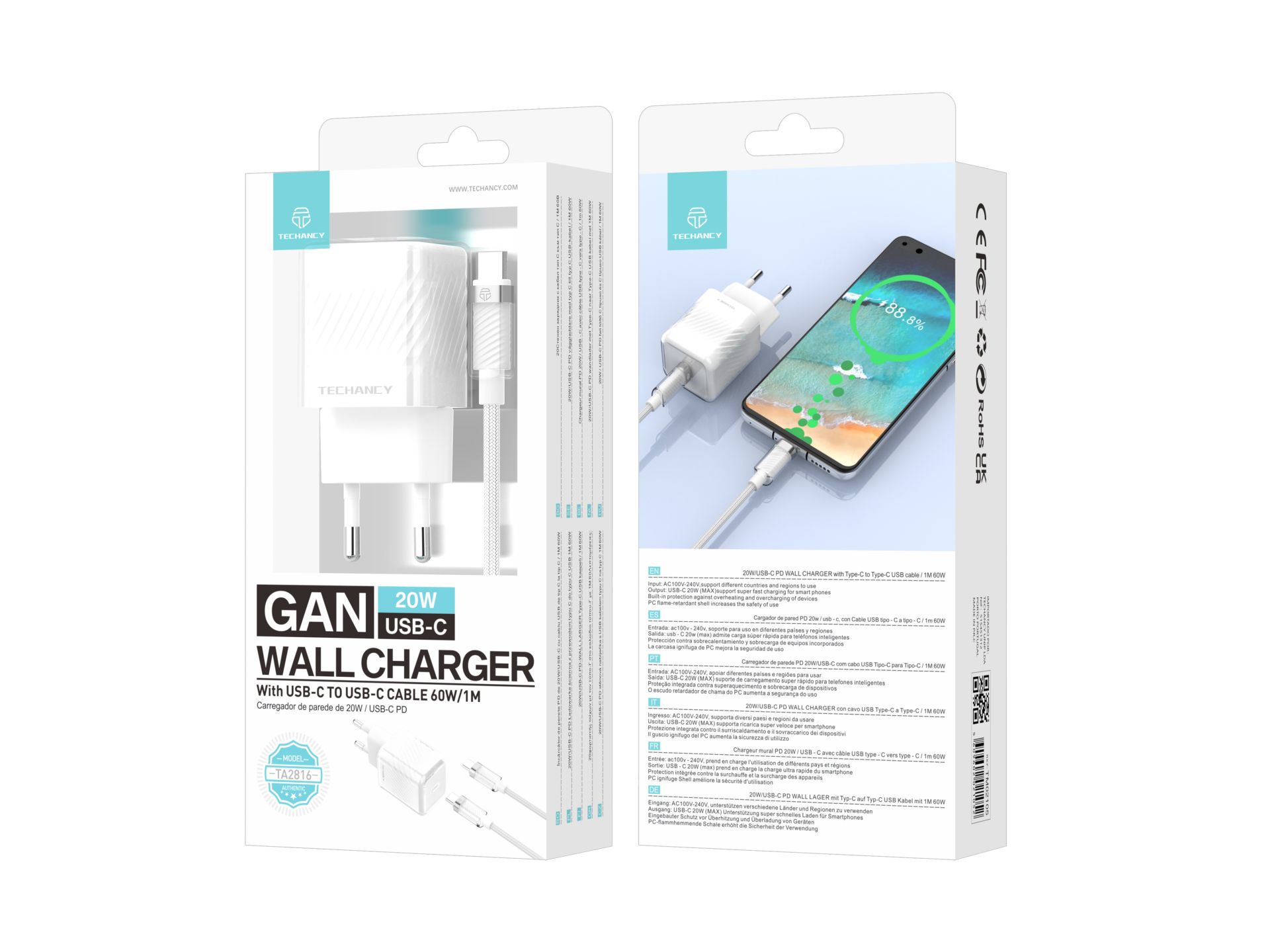 Techancy TA2816 GaN Charger 20W USB-C PD with USB-C to USB-C Cable 60W/1M, White Techancy TA2816 GaN Charger 20W USB-C PD with USB-C to USB-C Cable 60W/1M, White