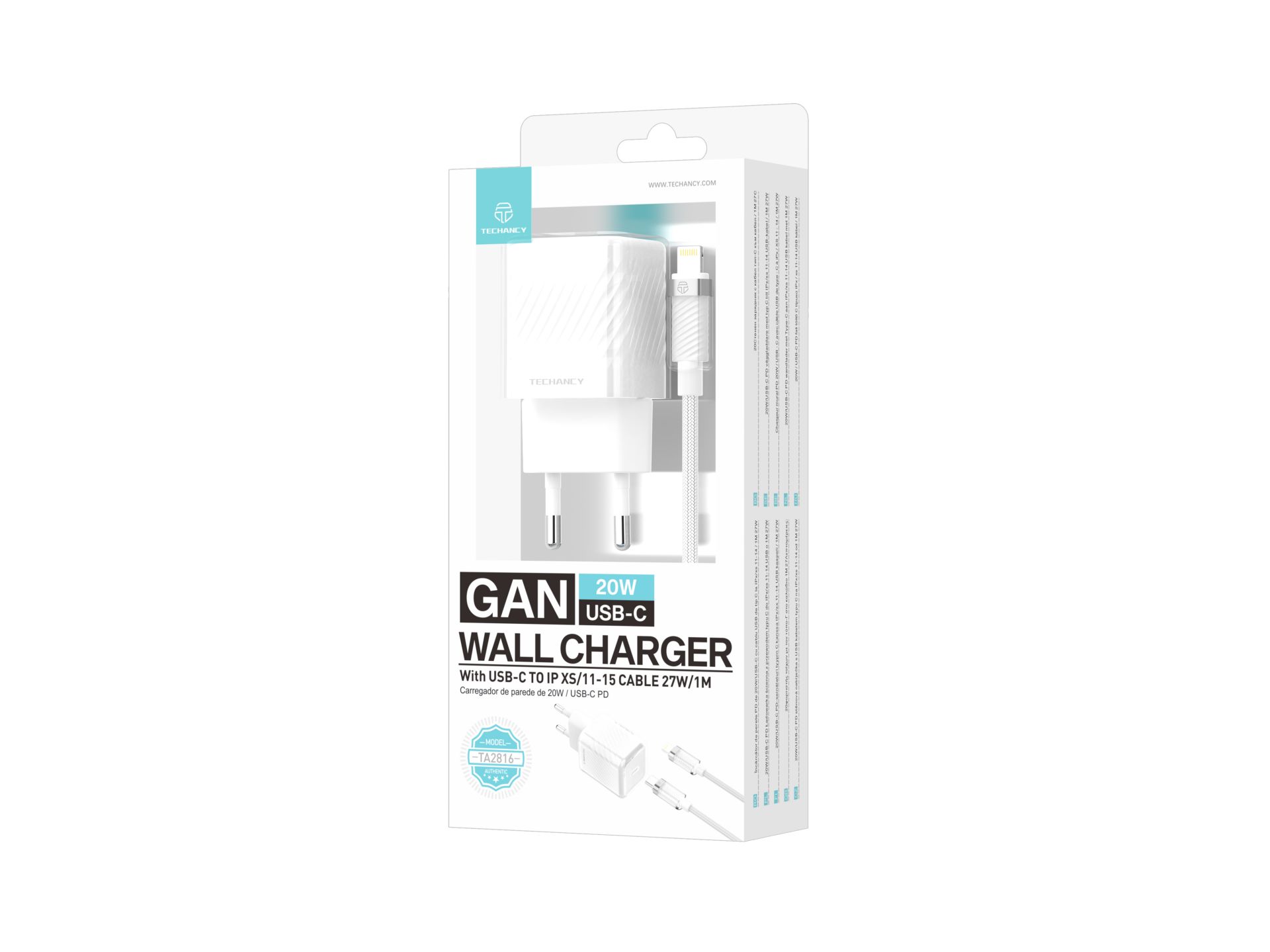 Techancy GaN USB-C 20W Charger TA2816 with USB-C Charging Cable for iPhone X/XS 11-15 27W/1M, White Techancy GaN USB-C 20W Charger TA2816 with USB-C Charging Cable for iPhone X/XS 11-15 27W/1M, White