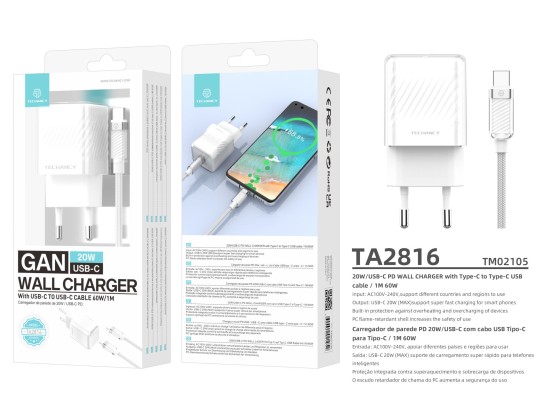 Techancy TA2816 GaN Charger 20W USB-C PD with USB-C to USB-C Cable 60W/1M, White Techancy TA2816 GaN Charger 20W USB-C PD with USB-C to USB-C Cable 60W/1M, White