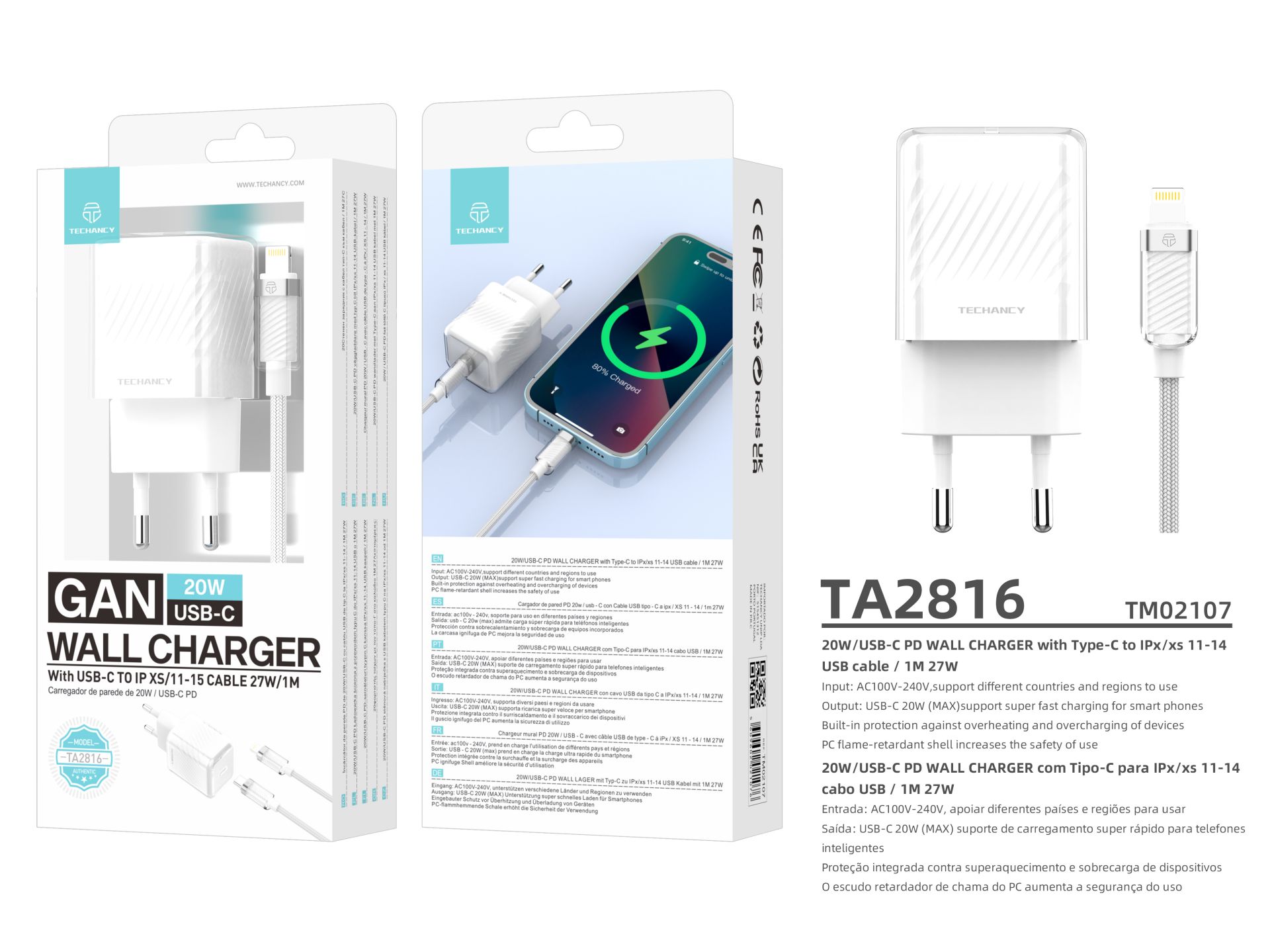 Techancy GaN USB-C 20W Charger TA2816 with USB-C Charging Cable for iPhone X/XS 11-15 27W/1M, White Techancy GaN USB-C 20W Charger TA2816 with USB-C Charging Cable for iPhone X/XS 11-15 27W/1M, White