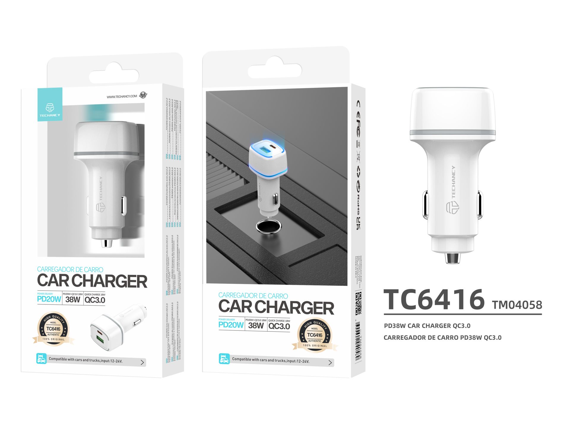 Techancy Carregador De Carro 38W ,PD20W+QC3.0 18W,Usb+Usb-C ,TC6416 Branco