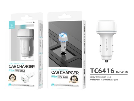 Techancy Carregador De Carro 38W ,PD20W+QC3.0 18W,Usb+Usb-C ,TC6416 Branco