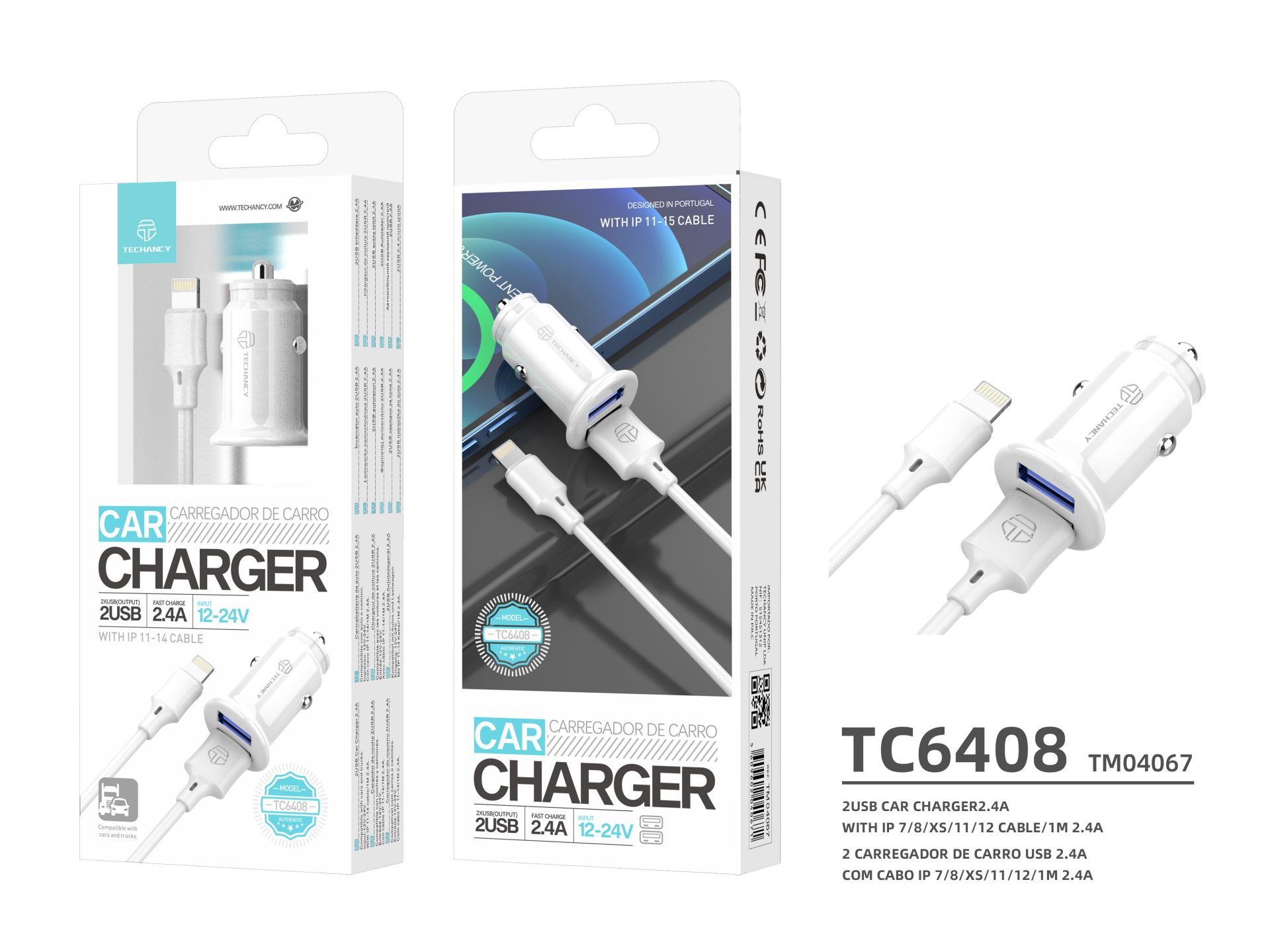 Carregador De Carro Lightning 2Usb 2.4A Branco Carregador De Carro Lightning 2Usb 2.4A Branco