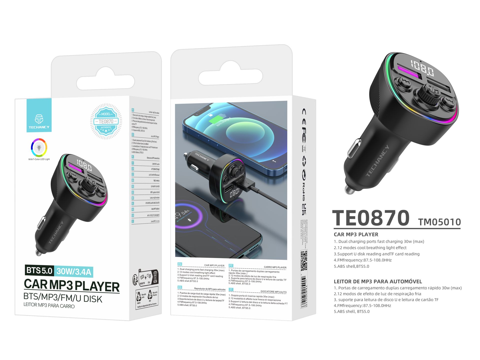 Transmissor Fm Bluetooth 5.0, Maos Livres Leitor Musica Carro, Deep Bass Som Hi-Fi, Adaptador De Rad Transmissor Fm Bluetooth 5.0, Maos Livres Leitor Musica Carro, Deep Bass Som Hi-Fi, Adaptador De Rad