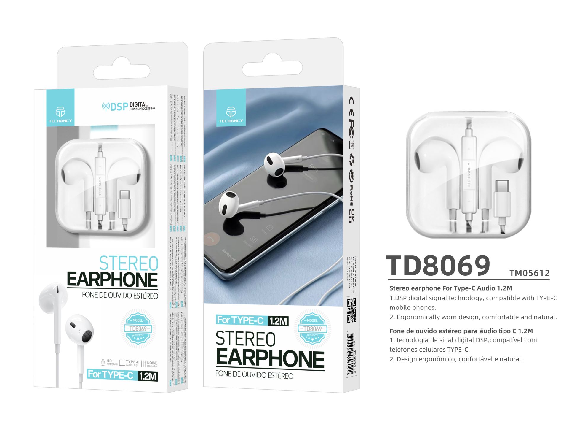 Techancy TD8069 Stereo-Headset, 1,2 m, Typ-C-Anschluss, DSP-Technologie, kompatibel mit Typ-C-Mobilt Techancy TD8069 Stereo-Headset, 1,2 m, Typ-C-Anschluss, DSP-Technologie, kompatibel mit Typ-C-Mobilt