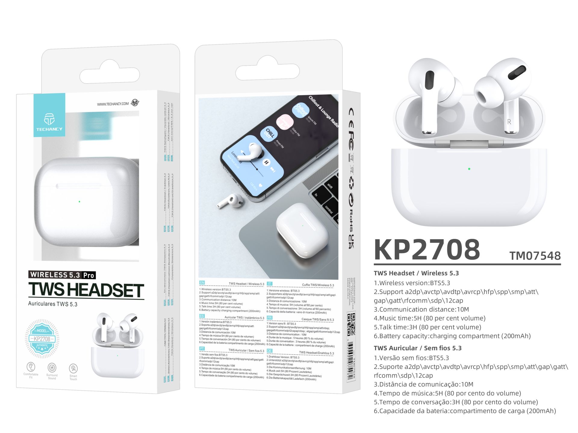 Techancy TWS 5.3 Pro Wireless Headset KP2708, Bluetooth 5.3 wireless version, Supports multiple prot Techancy TWS 5.3 Pro Wireless Headset KP2708, Bluetooth 5.3 wireless version, Supports multiple prot