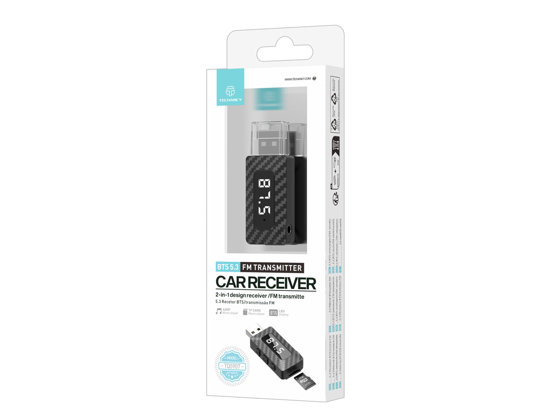 Techancy TQ5907 ricevitore/trasmettitore FM BTS 5.3 con design 2-in-1. Supporto per la lettura di sc Techancy TQ5907 ricevitore/trasmettitore FM BTS 5.3 con design 2-in-1. Supporto per la lettura di sc