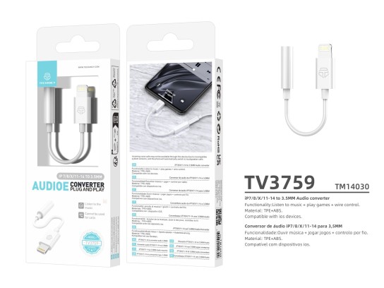 Techancy TV3759 IP7/8/X/11-14 to 3.5mm Audio Converter, Supports Music, Games, No Calls, Compatible Techancy TV3759 IP7/8/X/11-14 to 3.5mm Audio Converter, Supports Music, Games, No Calls, Compatible