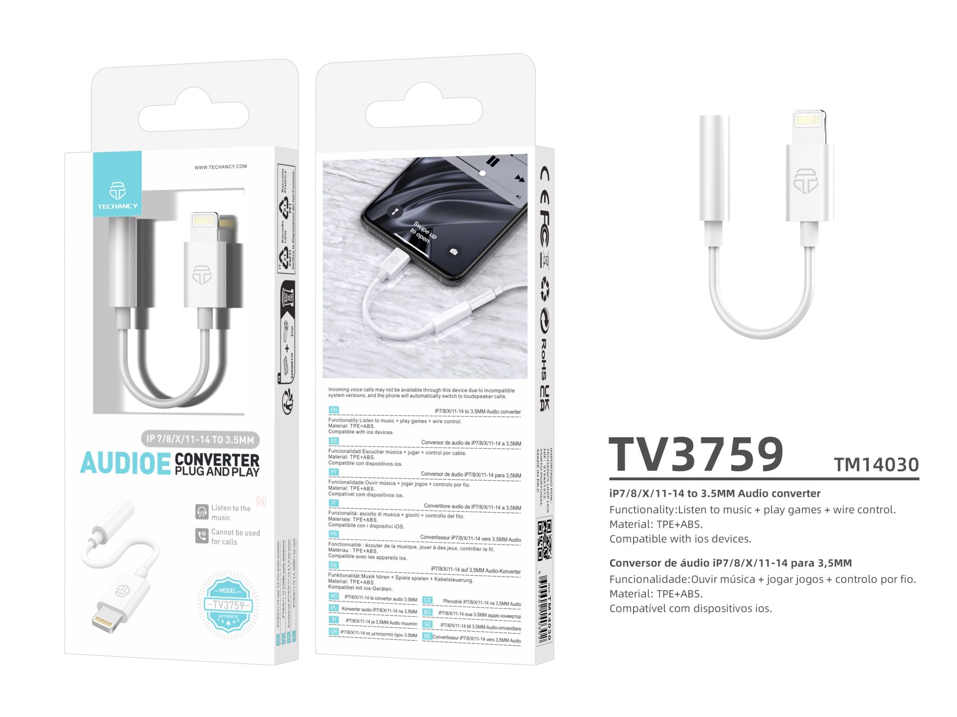Techancy TV3759 IP7/8/X/11-14 to 3.5mm Audio Converter, Supports Music, Games, No Calls, Compatible Techancy TV3759 IP7/8/X/11-14 to 3.5mm Audio Converter, Supports Music, Games, No Calls, Compatible