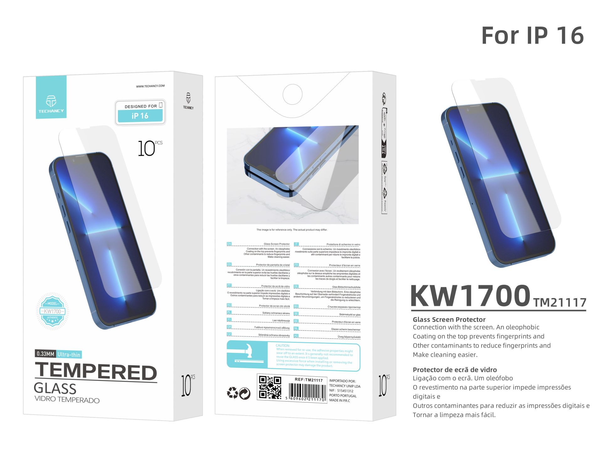 Techancy KW1700 Protecteur d'�cran en verre tremp�, 0.33mm, Compatible avec iPhone 16, Anti-empreint