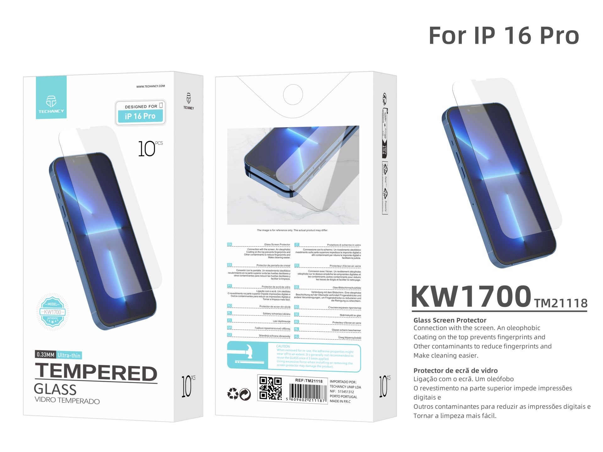 Techancy KW1700 Protecteur d'écran en verre trempé, 0.33mm, Compatible avec iPhone 16Pro, Anti-empre Techancy KW1700 Protecteur d'écran en verre trempé, 0.33mm, Compatible avec iPhone 16Pro, Anti-empre