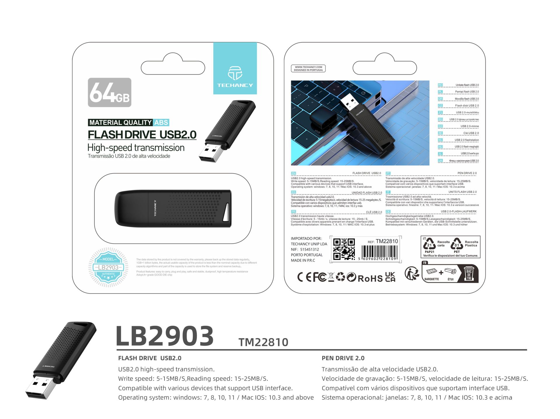 Techancy Usb 2.0 V8 64Gb Flash-Laufwerk Usb-Speicher Schwarz ,Typ-A, Abdeckung