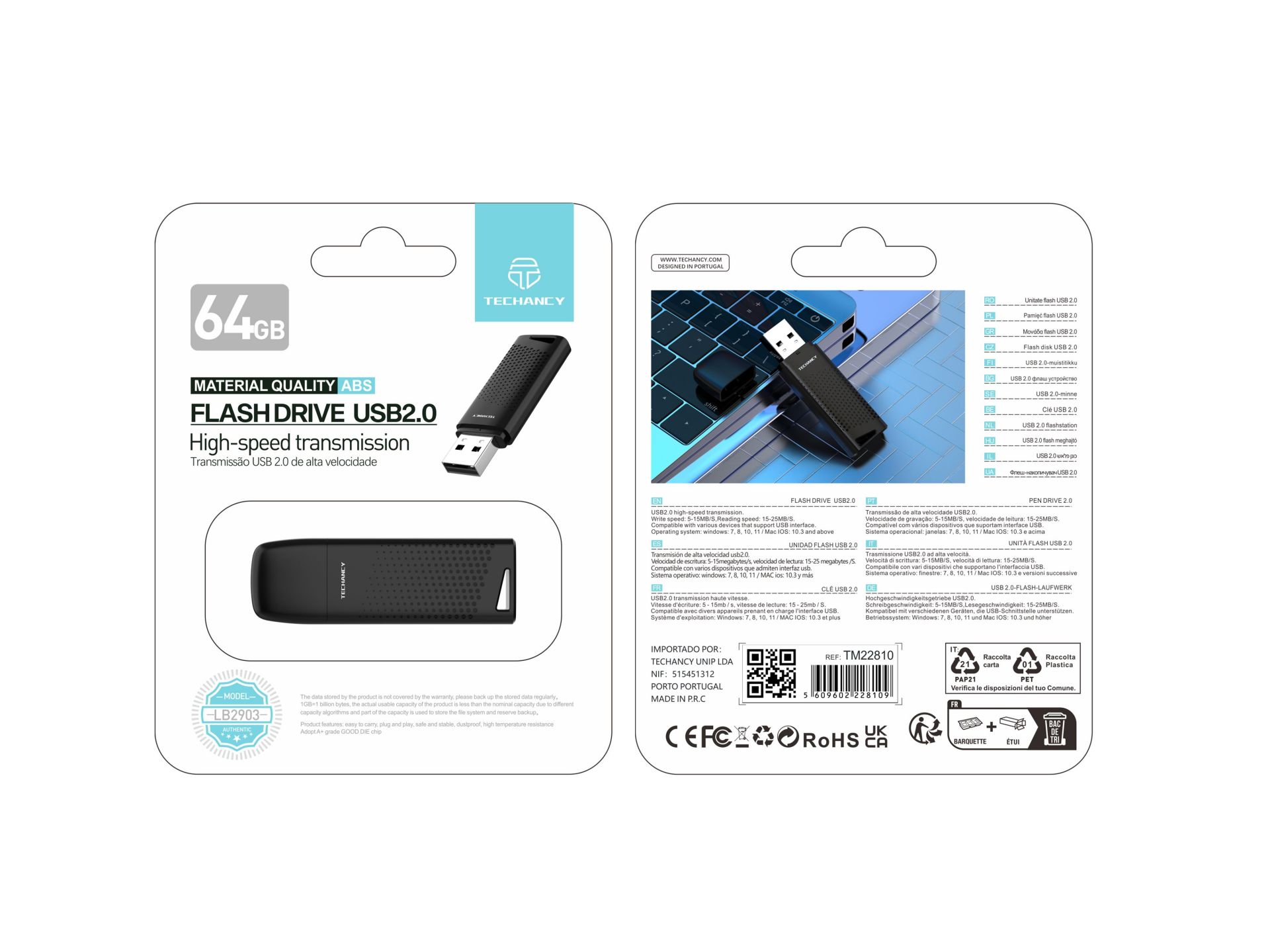 Techancy Usb 2.0 V8 64Gb Flash-Laufwerk Usb-Speicher Schwarz ,Typ-A, Abdeckung