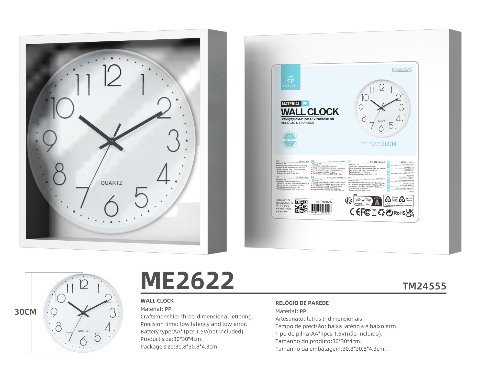 Techancy ME2622 Orologio da parete 30CM, scritte tridimensionali, design moderno, tecnologia di alta Techancy ME2622 Orologio da parete 30CM, scritte tridimensionali, design moderno, tecnologia di alta