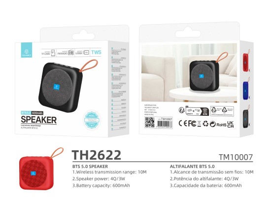 Techancy TH2622 Bluetooth Speaker Red, Portable and Compact, 600mAh Battery, TF/FM/USB/TWS Card Hold