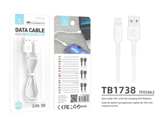 Techancy TB1738 Datenkabel Weiß 1 m 2,4 A Schnellladung USB zu Lightning Kompatibel mit iPhone PVC-M Techancy TB1738 Datenkabel Weiß 1 m 2,4 A Schnellladung USB zu Lightning Kompatibel mit iPhone PVC-M