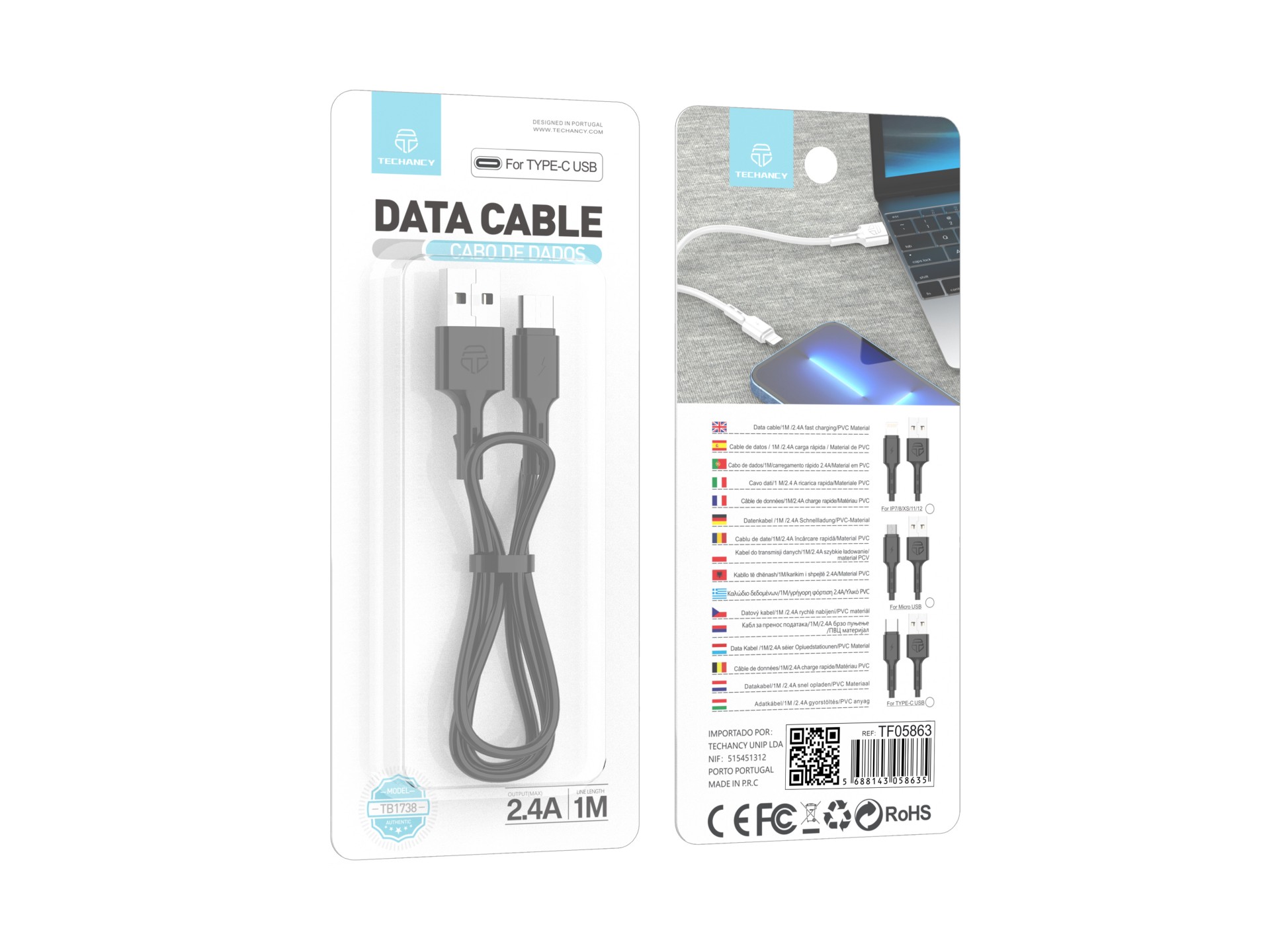 Techancy TB1738 USB-C Data Cable Black 1M/2.4A, Fast Charging, PVC Material Techancy TB1738 USB-C Data Cable Black 1M/2.4A, Fast Charging, PVC Material