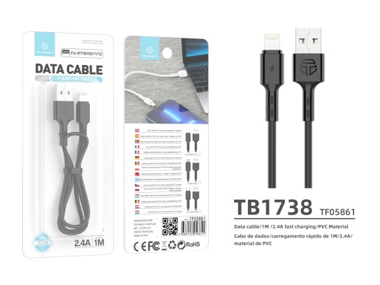 Techancy TB1738 Cable de Datos Negro 1M 2.4A Carga Rápida USB a Lightning Compatible con iPhone Mate Techancy TB1738 Cable de Datos Negro 1M 2.4A Carga Rápida USB a Lightning Compatible con iPhone Mate