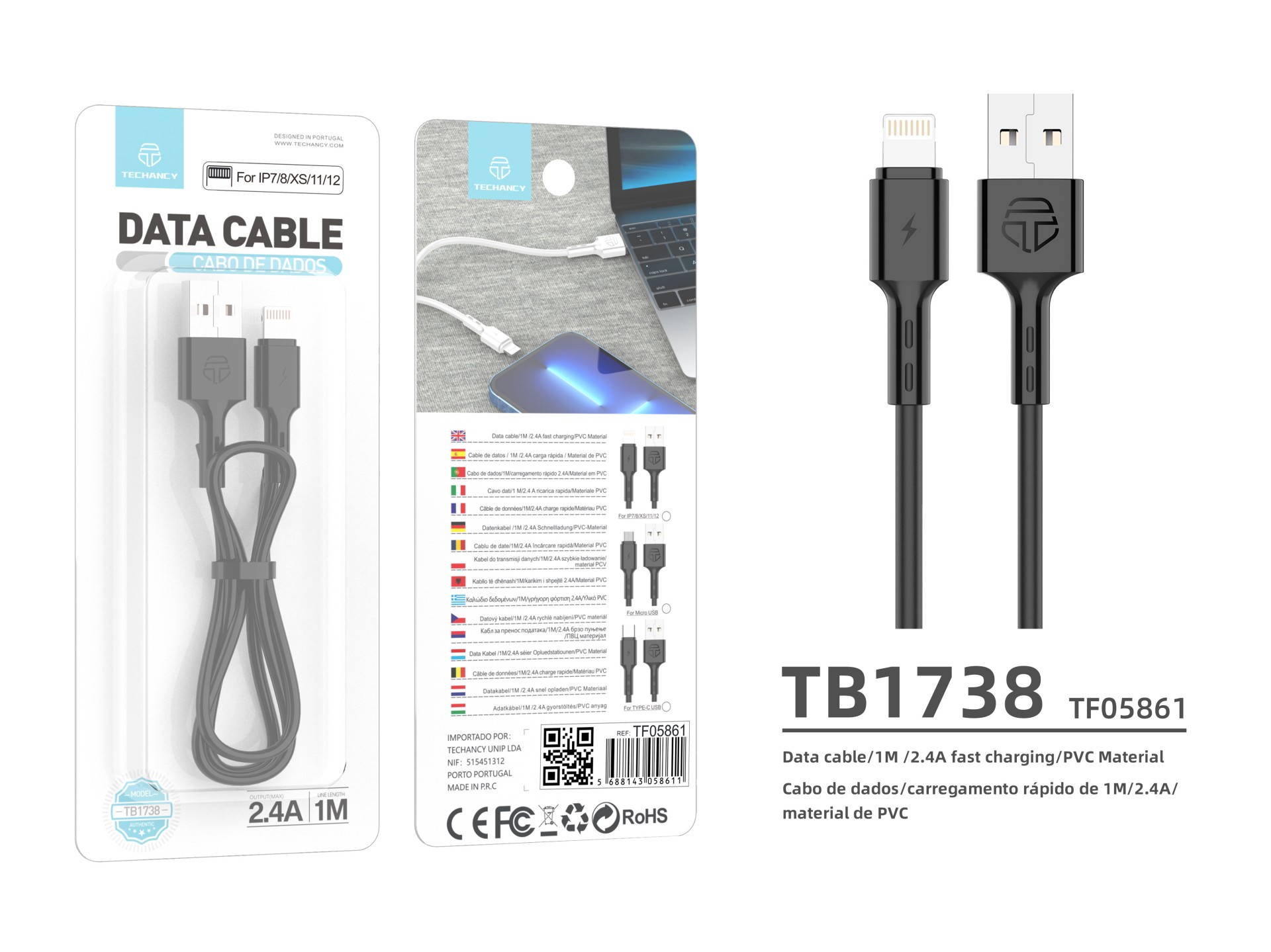 Techancy TB1738 Cable de Datos Negro 1M 2.4A Carga Rápida USB a Lightning Compatible con iPhone Mate Techancy TB1738 Cable de Datos Negro 1M 2.4A Carga Rápida USB a Lightning Compatible con iPhone Mate