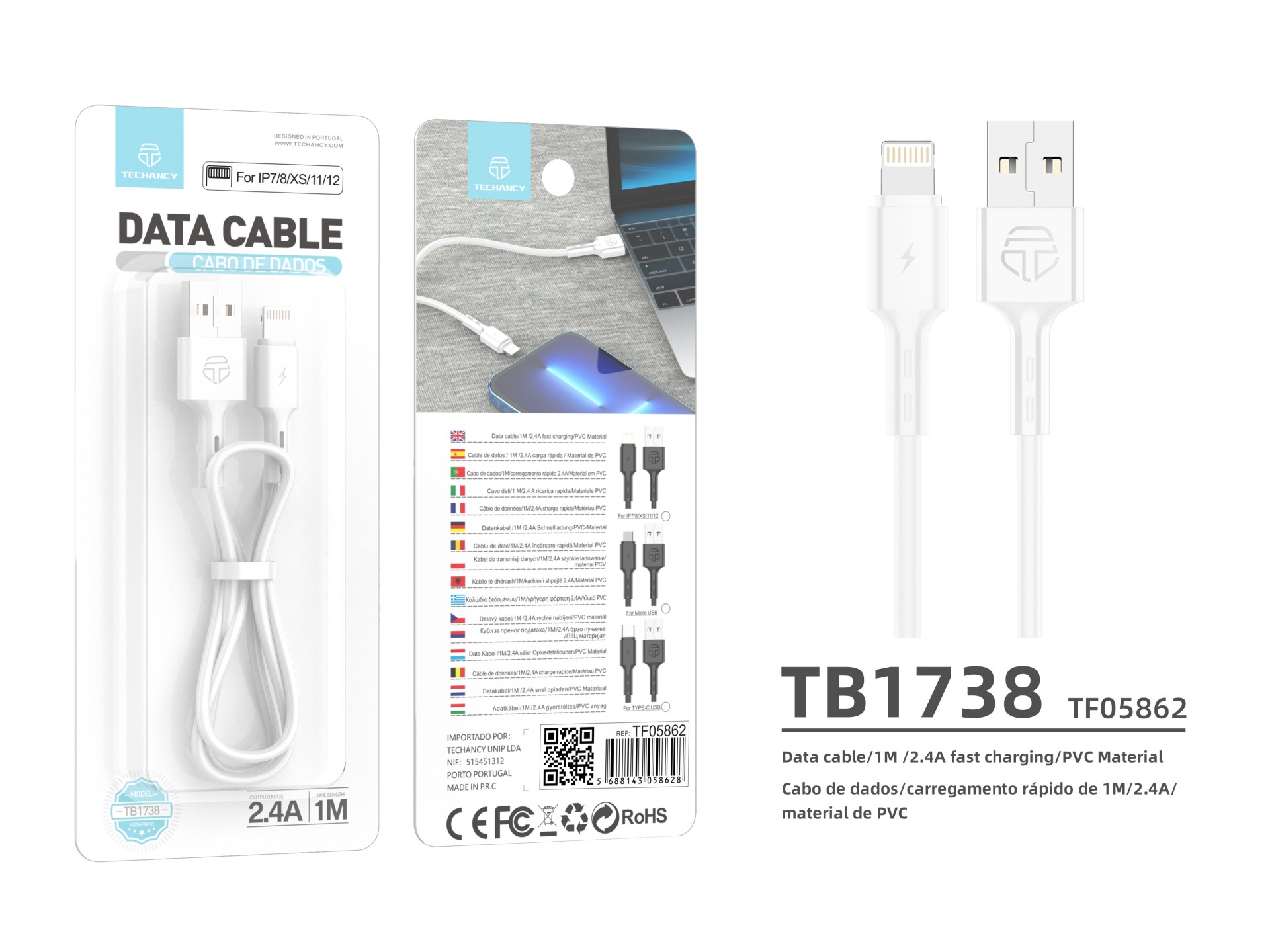 Techancy TB1738 Datenkabel Weiß 1 m 2,4 A Schnellladung USB zu Lightning Kompatibel mit iPhone PVC-M Techancy TB1738 Datenkabel Weiß 1 m 2,4 A Schnellladung USB zu Lightning Kompatibel mit iPhone PVC-M