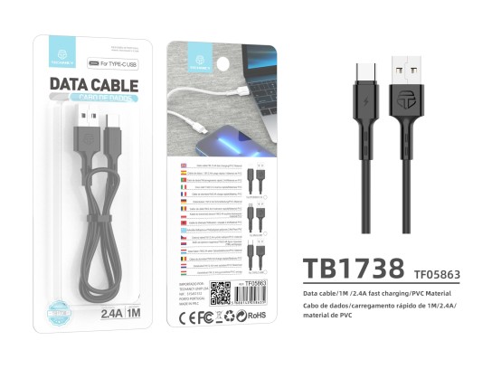 Techancy TB1738 USB-C Data Cable Black 1M/2.4A, Fast Charging, PVC Material Techancy TB1738 USB-C Data Cable Black 1M/2.4A, Fast Charging, PVC Material