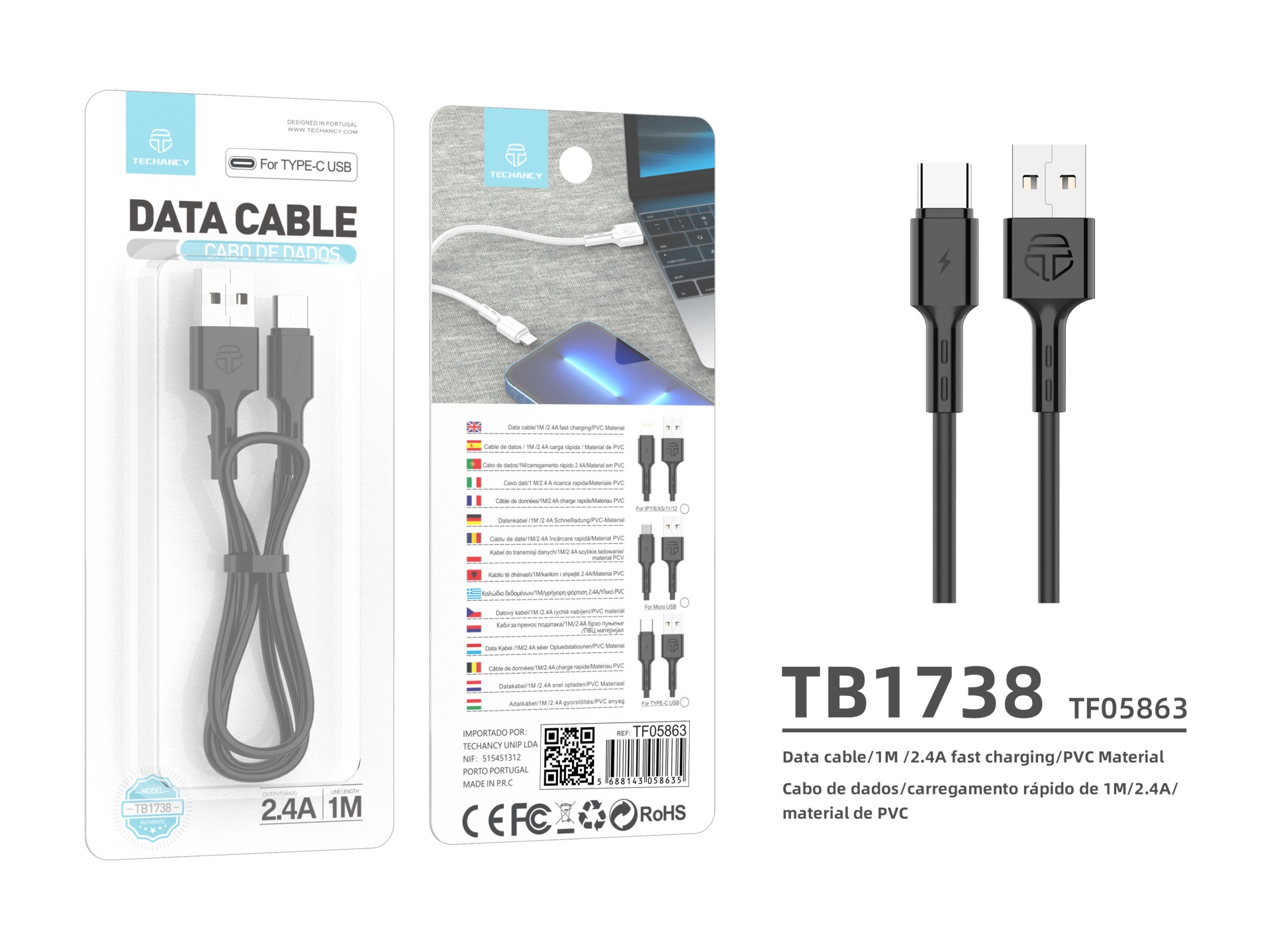 Techancy TB1738 USB-C Data Cable Black 1M/2.4A, Fast Charging, PVC Material Techancy TB1738 USB-C Data Cable Black 1M/2.4A, Fast Charging, PVC Material
