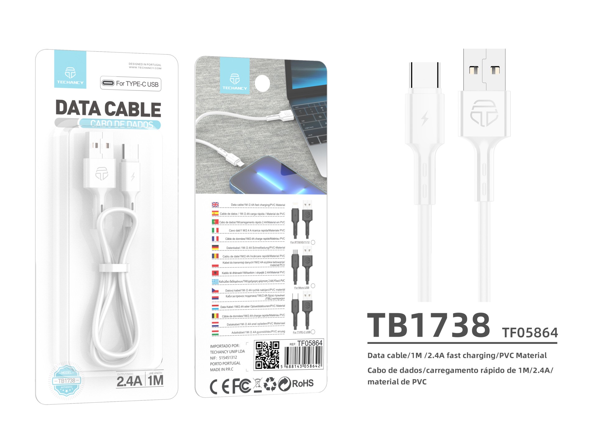 Techancy TB1738 USB-C Data Cable White 1M/2.4A, Fast Charging, PVC Material Techancy TB1738 USB-C Data Cable White 1M/2.4A, Fast Charging, PVC Material