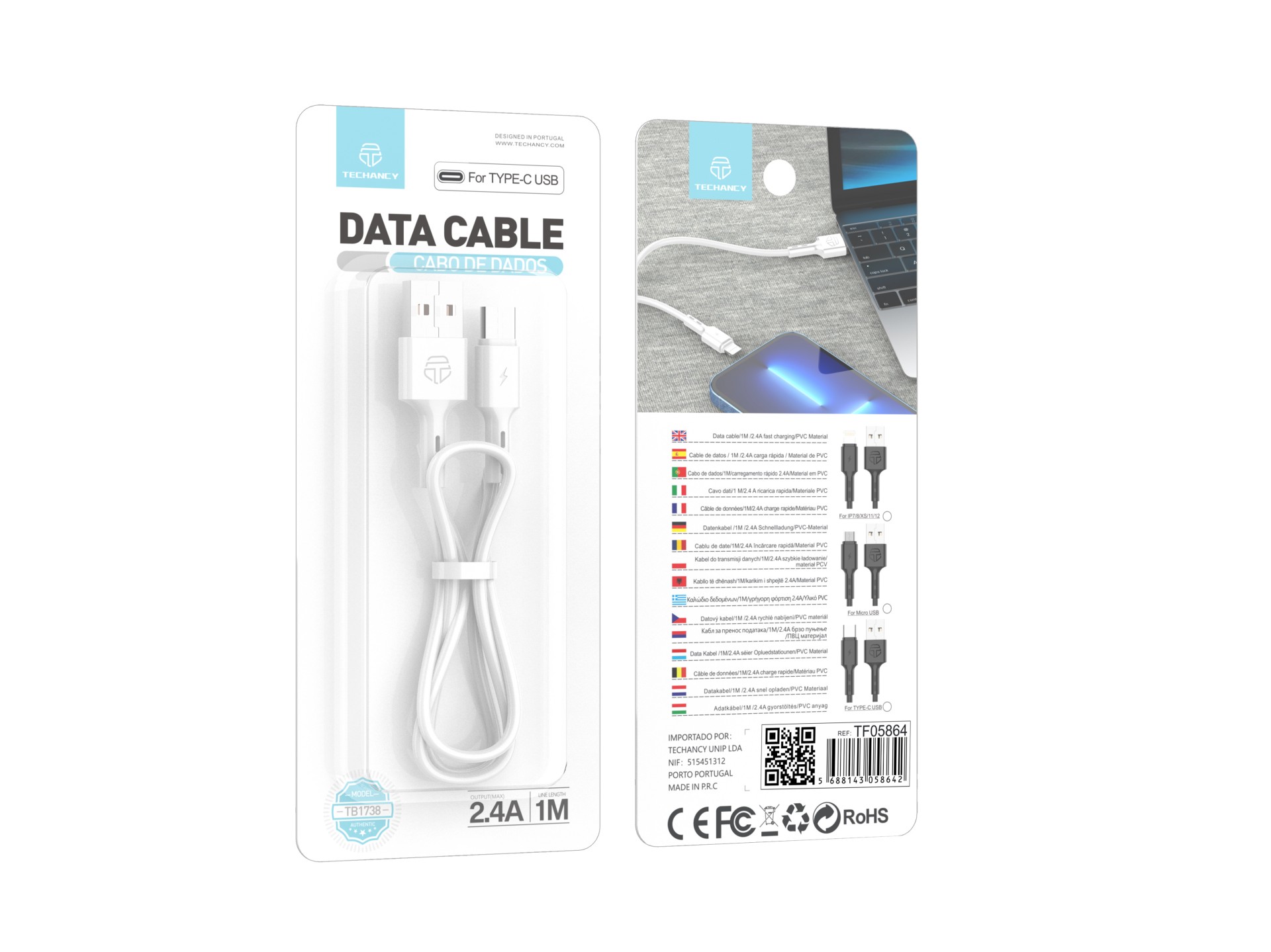 Techancy TB1738 USB-C Data Cable White 1M/2.4A, Fast Charging, PVC Material Techancy TB1738 USB-C Data Cable White 1M/2.4A, Fast Charging, PVC Material