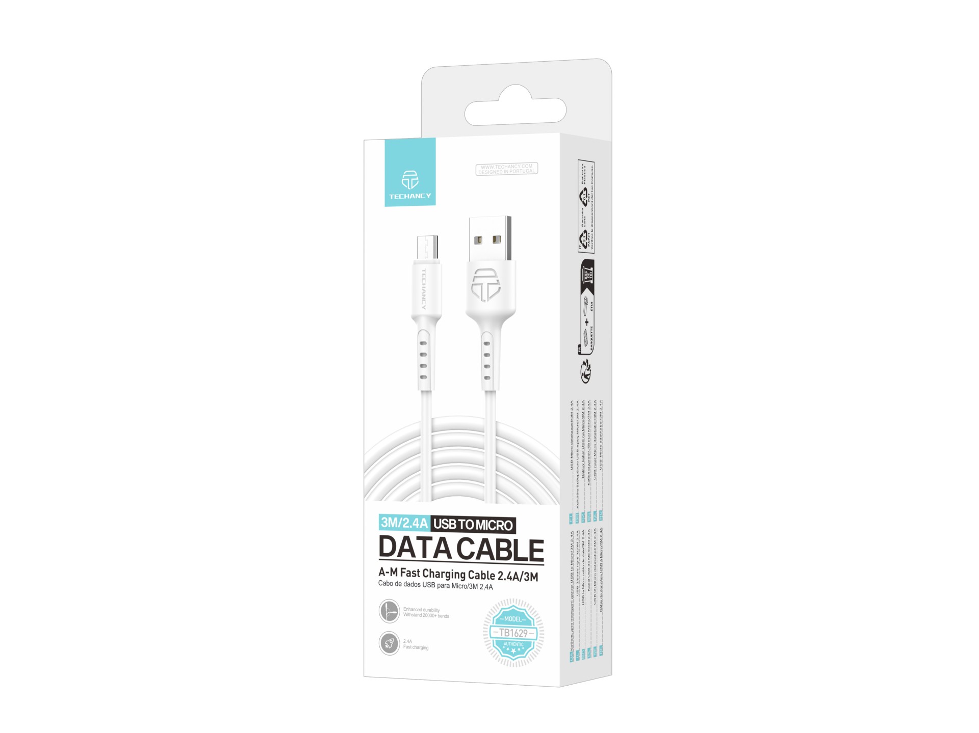 Techancy TB1629 Câble de données blanc, câble de charge rapide USB vers Micro, 3m/2.4A, compatible a Techancy TB1629 Câble de données blanc, câble de charge rapide USB vers Micro, 3m/2.4A, compatible a