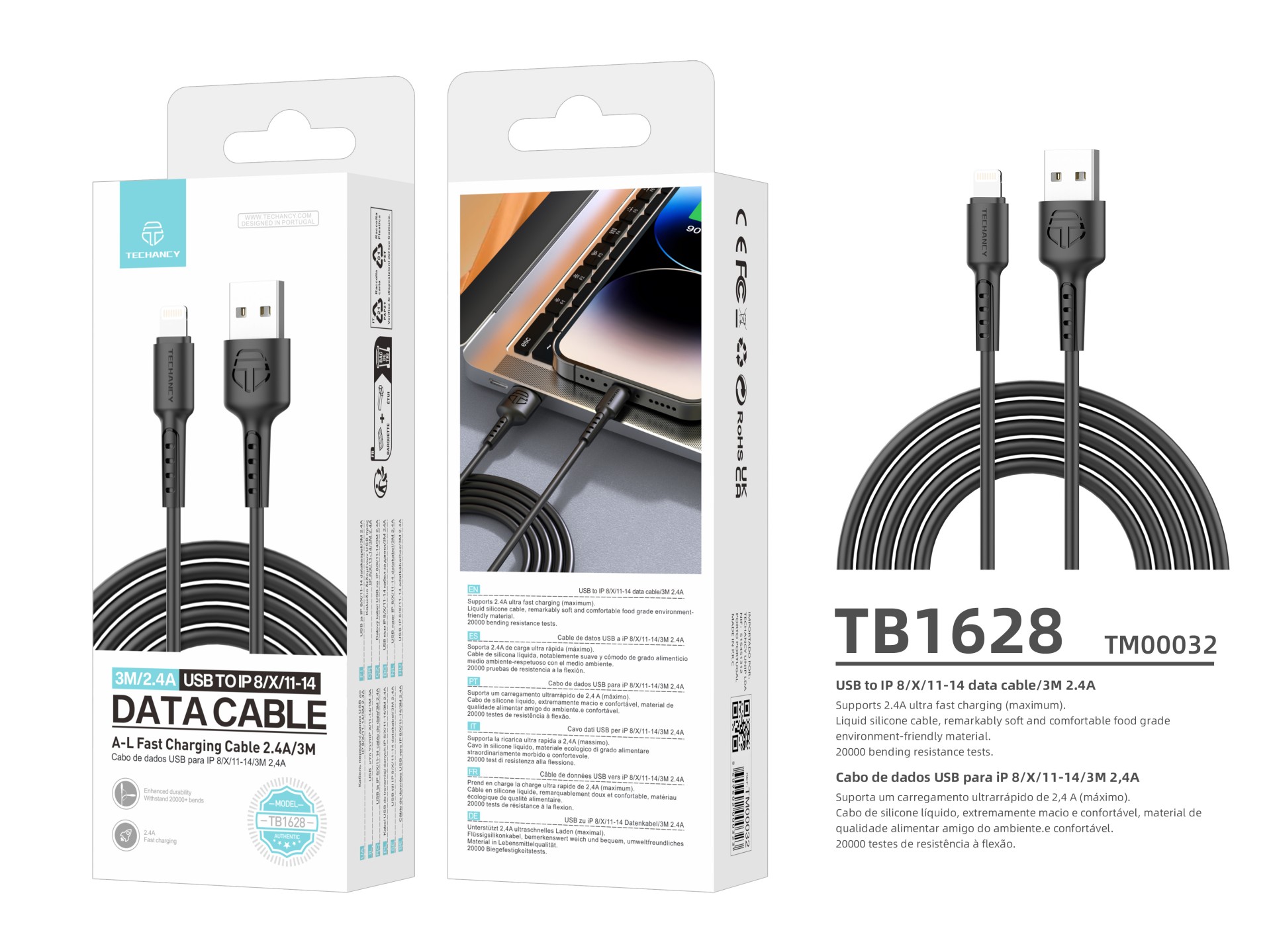 Techancy TB1628 Cable de datos Negro, USB a Lightning cable de carga rápida, 3m/2.4A, compatible con Techancy TB1628 Cable de datos Negro, USB a Lightning cable de carga rápida, 3m/2.4A, compatible con