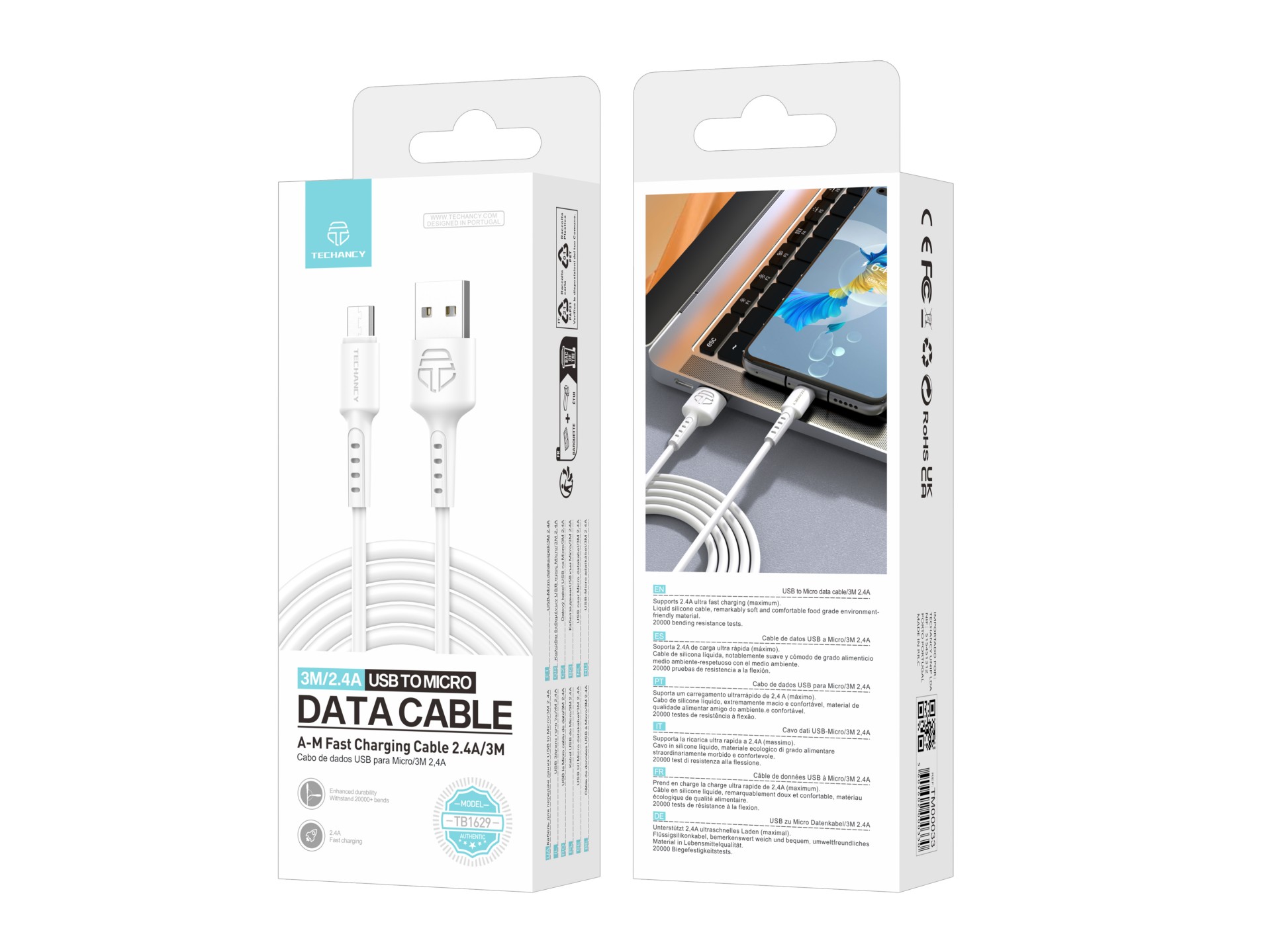 Techancy TB1629 Câble de données blanc, câble de charge rapide USB vers Micro, 3m/2.4A, compatible a Techancy TB1629 Câble de données blanc, câble de charge rapide USB vers Micro, 3m/2.4A, compatible a