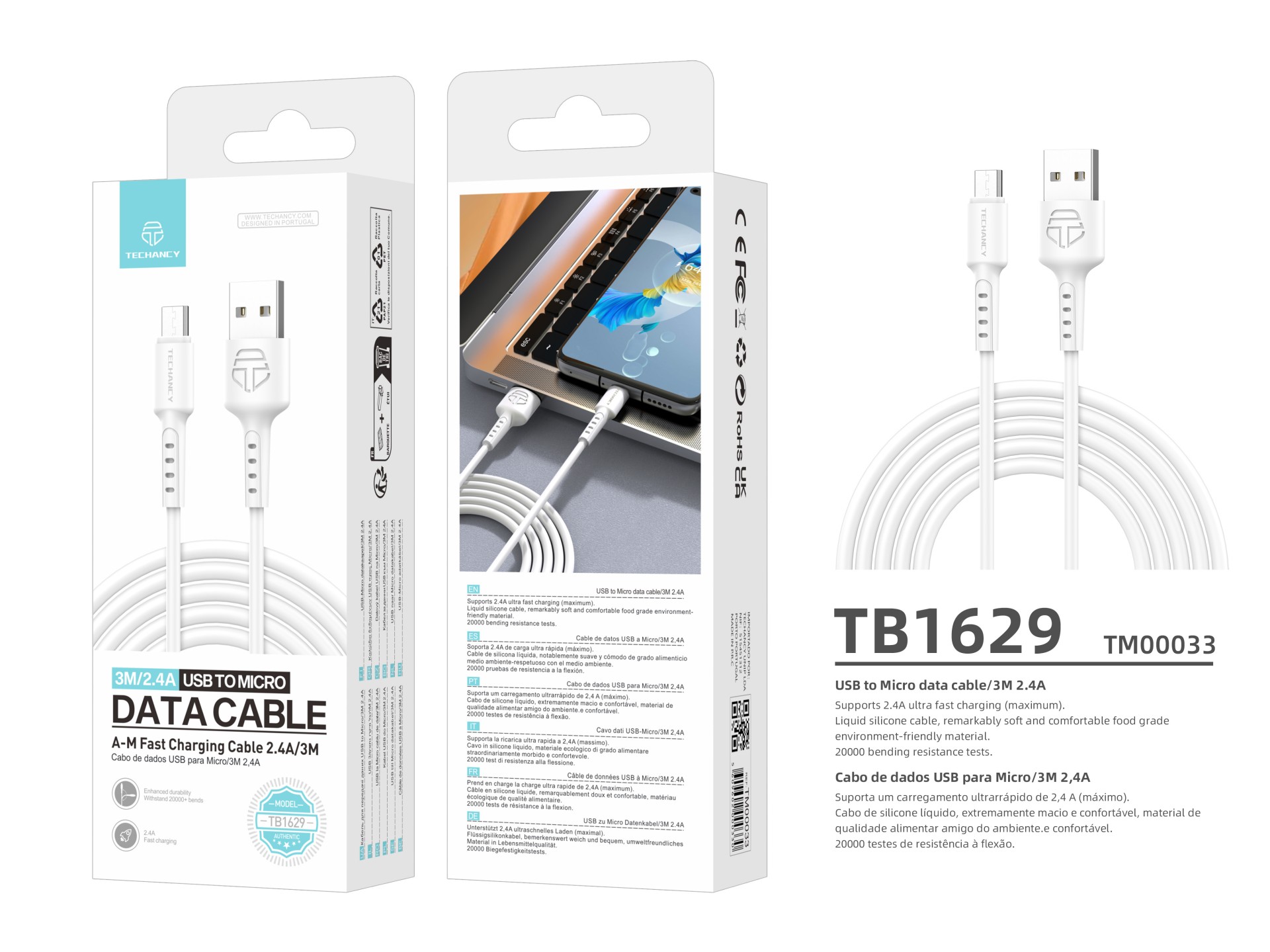 Techancy TB1629 Câble de données blanc, câble de charge rapide USB vers Micro, 3m/2.4A, compatible a Techancy TB1629 Câble de données blanc, câble de charge rapide USB vers Micro, 3m/2.4A, compatible a