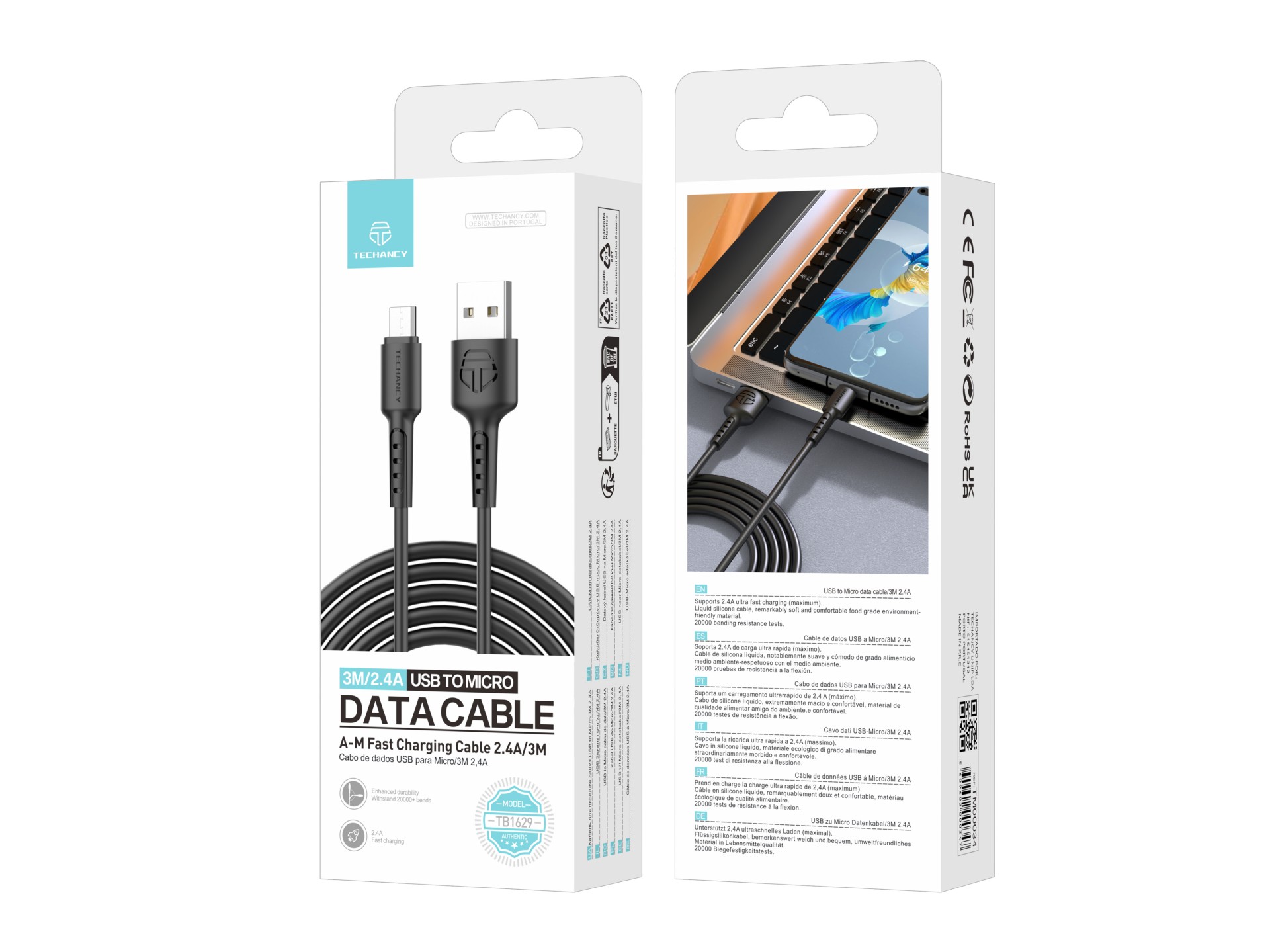 Techancy TB1629 Câble de données noir, câble de charge rapide USB vers micro, 3m/2,4A, compatible av Techancy TB1629 Câble de données noir, câble de charge rapide USB vers micro, 3m/2,4A, compatible av