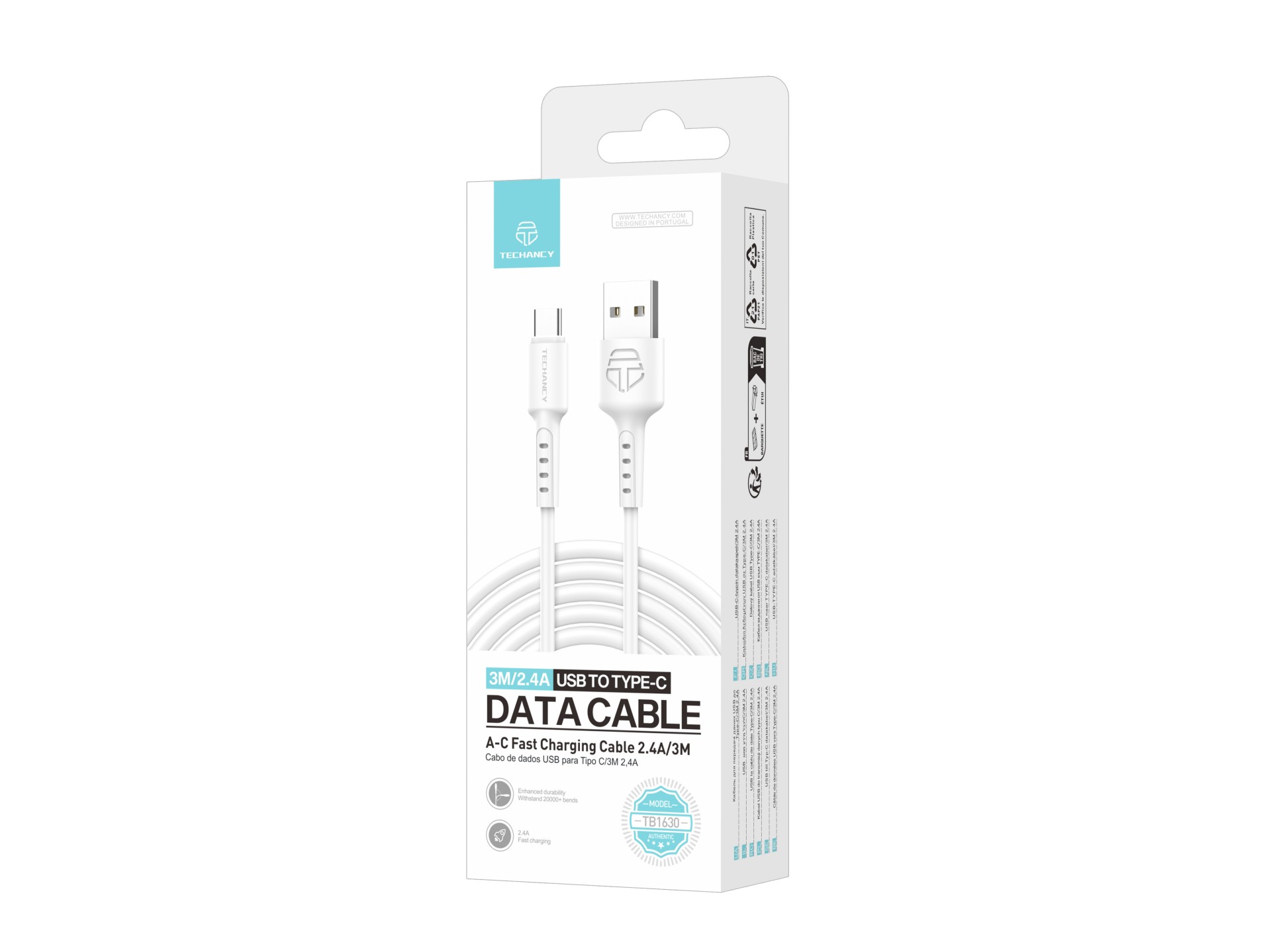 Techancy TB1630 Data Cable White, USB to TYPE C Fast Charging Cable, 3m/2.4A, Compatible with Androi Techancy TB1630 Data Cable White, USB to TYPE C Fast Charging Cable, 3m/2.4A, Compatible with Androi