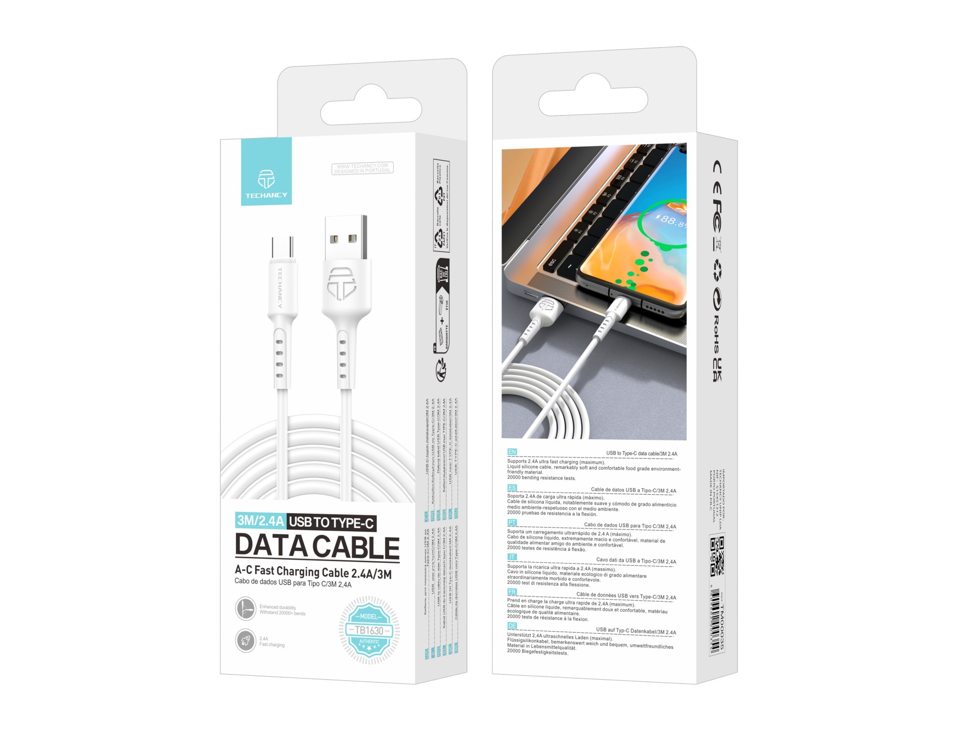 Techancy TB1630 Data Cable White, USB to TYPE C Fast Charging Cable, 3m/2.4A, Compatible with Androi Techancy TB1630 Data Cable White, USB to TYPE C Fast Charging Cable, 3m/2.4A, Compatible with Androi