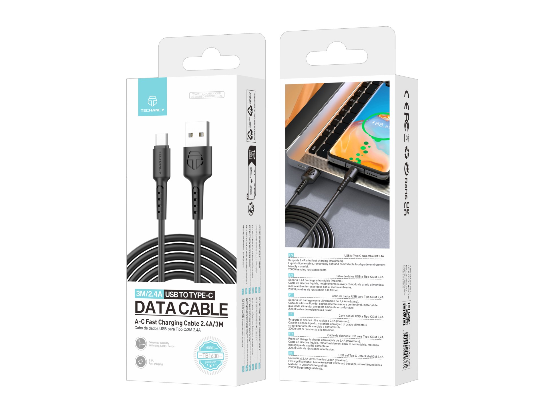 Techancy TB1630 Data Cable Black, USB to TYPE C Fast Charging Cable, 3m/2.4A, Compatible with Androi Techancy TB1630 Data Cable Black, USB to TYPE C Fast Charging Cable, 3m/2.4A, Compatible with Androi