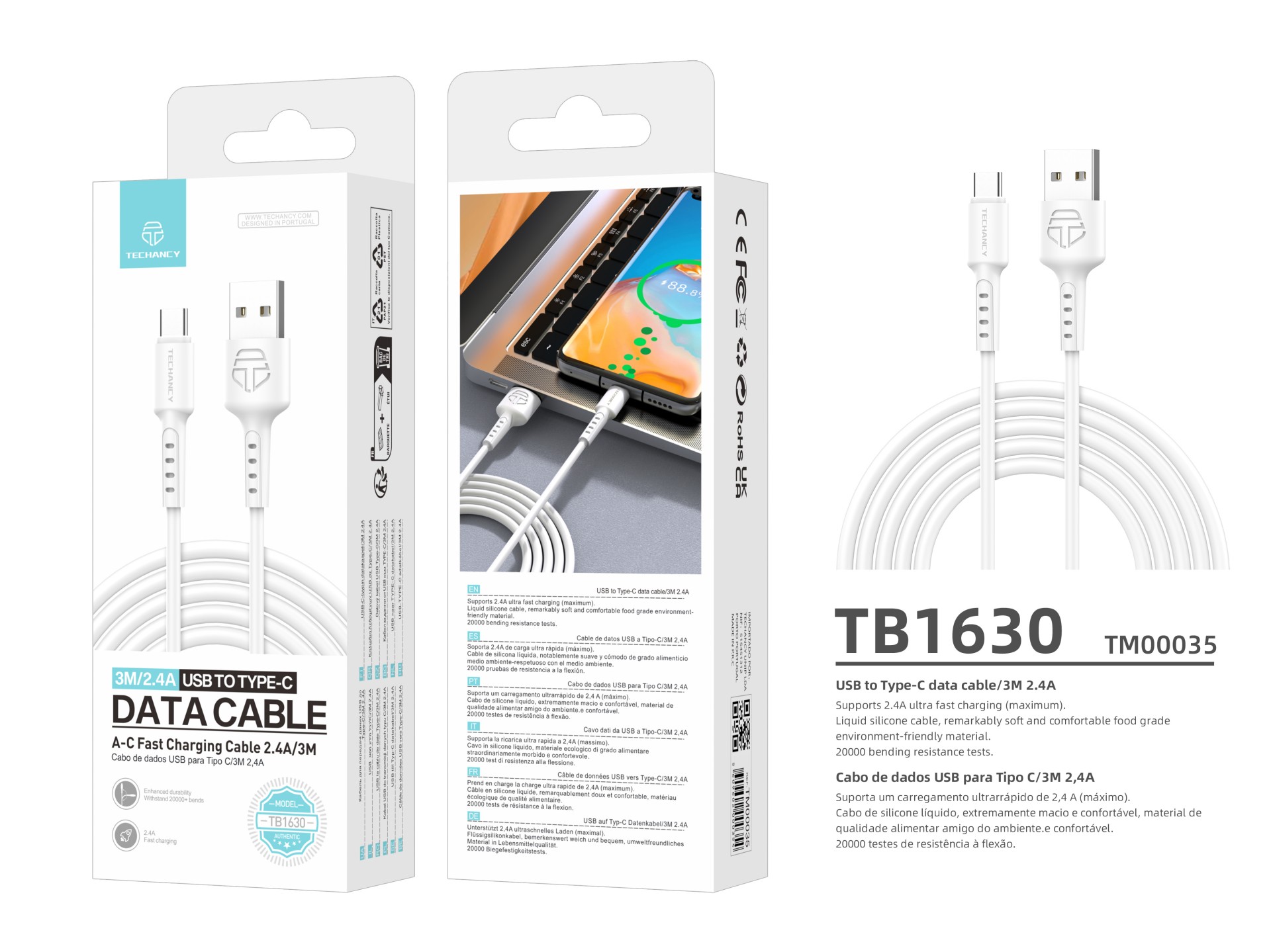 Techancy TB1630 Data Cable White, USB to TYPE C Fast Charging Cable, 3m/2.4A, Compatible with Androi Techancy TB1630 Data Cable White, USB to TYPE C Fast Charging Cable, 3m/2.4A, Compatible with Androi