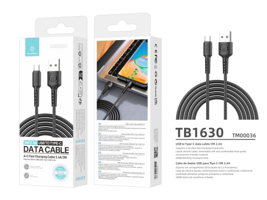 Techancy TB1630 Data Cable Black, USB to TYPE C Fast Charging Cable, 3m/2.4A, Compatible with Androi Techancy TB1630 Data Cable Black, USB to TYPE C Fast Charging Cable, 3m/2.4A, Compatible with Androi