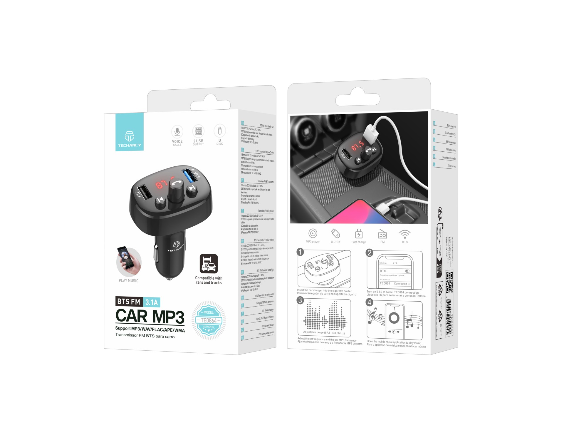 Techancy TE0864 Trasmettitore FM per auto, nero, 3.1A, 2 porte USB, lettore MP3 per auto, compatibil Techancy TE0864 Trasmettitore FM per auto, nero, 3.1A, 2 porte USB, lettore MP3 per auto, compatibil
