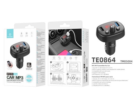 Techancy TE0864 Trasmettitore FM per auto, nero, 3.1A, 2 porte USB, lettore MP3 per auto, compatibil Techancy TE0864 Trasmettitore FM per auto, nero, 3.1A, 2 porte USB, lettore MP3 per auto, compatibil