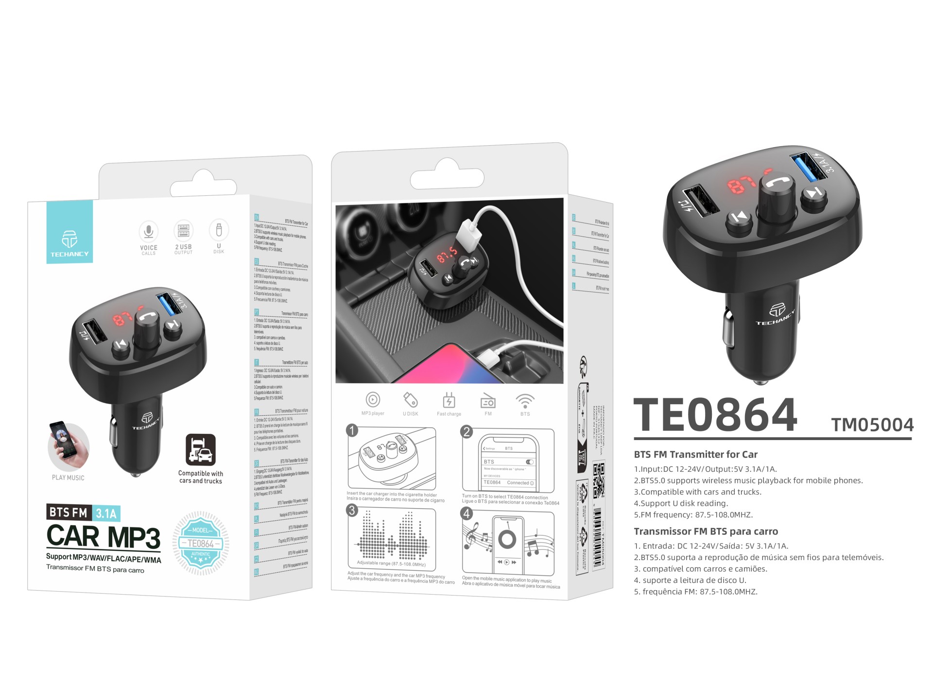 Techancy TE0864 Trasmettitore FM per auto, nero, 3.1A, 2 porte USB, lettore MP3 per auto, compatibil Techancy TE0864 Trasmettitore FM per auto, nero, 3.1A, 2 porte USB, lettore MP3 per auto, compatibil