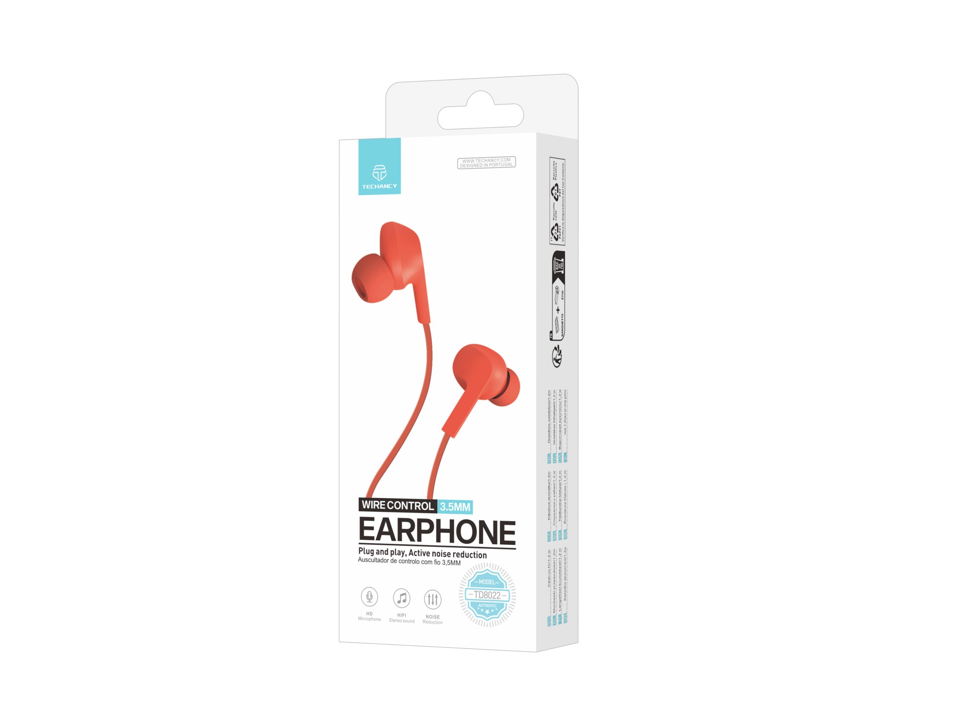 Techancy TD8022 Arancione Cuffie, cuffie intrauricolari cablate da 3,5 mm, microfono integrato, ridu Techancy TD8022 Arancione Cuffie, cuffie intrauricolari cablate da 3,5 mm, microfono integrato, ridu