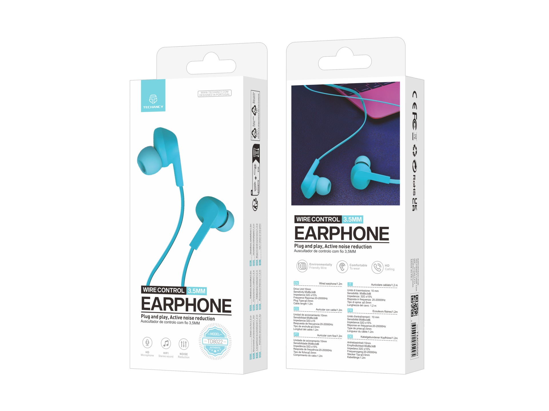 Techancy TD8022 Blu Cuffie, cuffie intrauricolari cablate da 3,5 mm, microfono integrato, riduzione Techancy TD8022 Blu Cuffie, cuffie intrauricolari cablate da 3,5 mm, microfono integrato, riduzione
