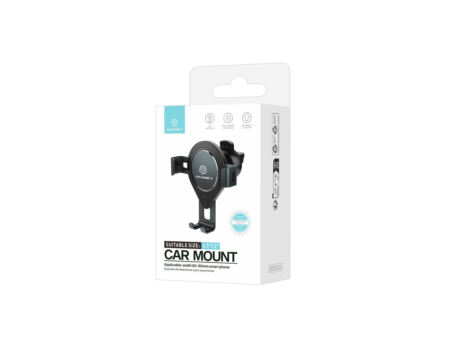 Techancy TI2197 Car Mobile Phone Holder Black, Automatic Attachment, 360 Degree Rotation, Compatible