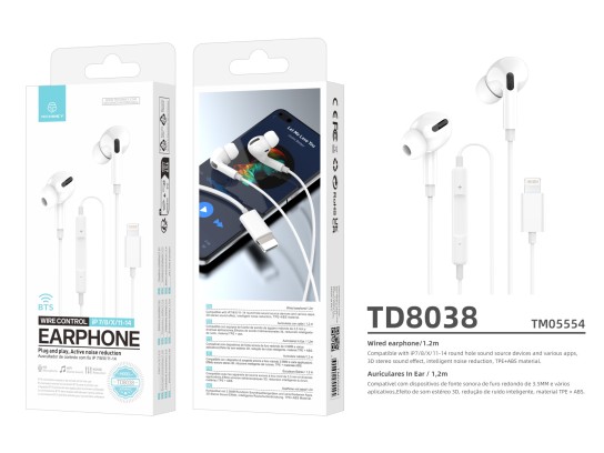Techancy TD8038 Earphone White, Wired In-Ear Headphones with Lightning Connector, Integrated Microph Techancy TD8038 Earphone White, Wired In-Ear Headphones with Lightning Connector, Integrated Microph