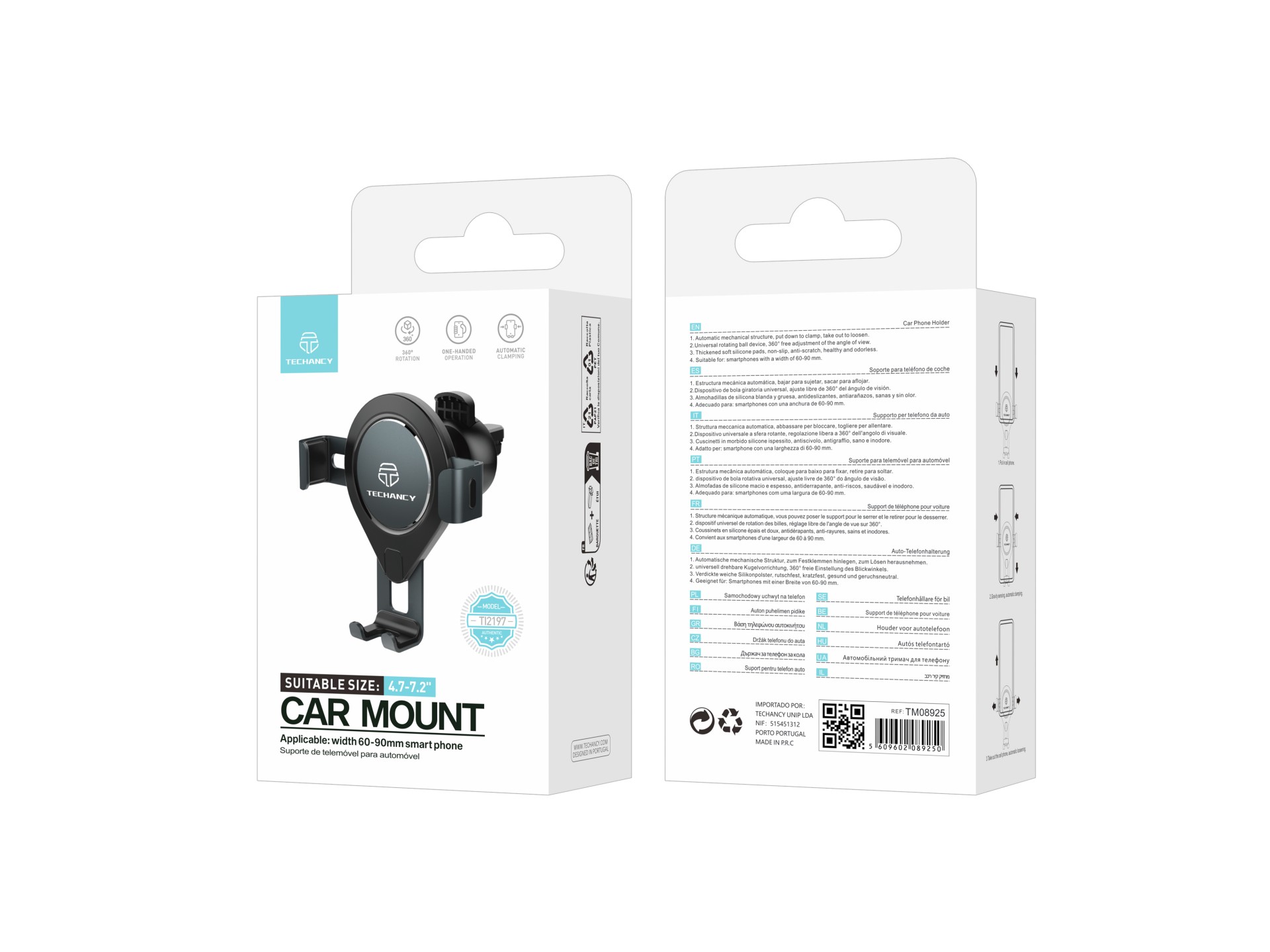 Techancy TI2197 Car Mobile Phone Holder Black, Automatic Attachment, 360 Degree Rotation, Compatible