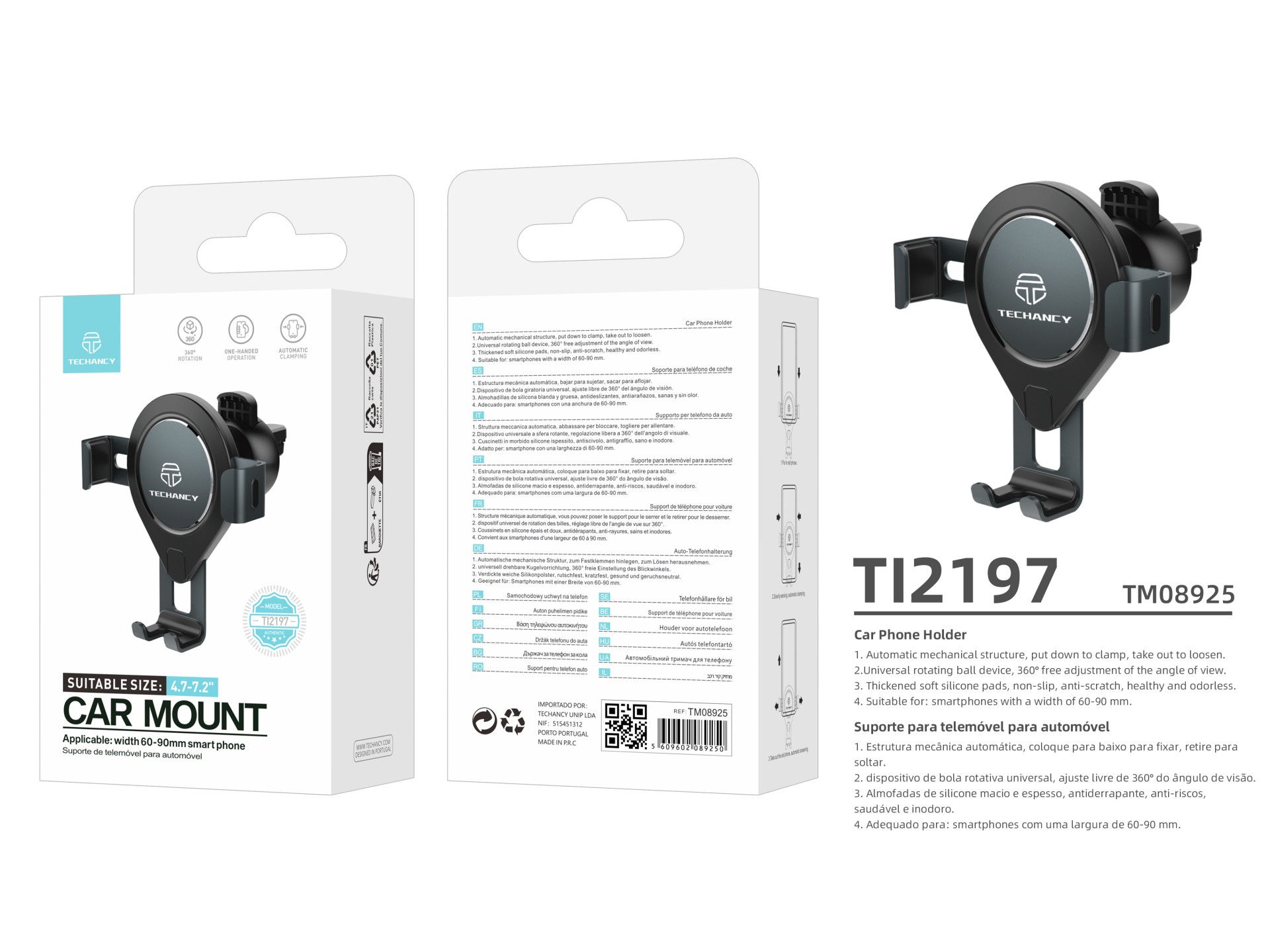 Techancy TI2197 Car Mobile Phone Holder Black, Automatic Attachment, 360 Degree Rotation, Compatible
