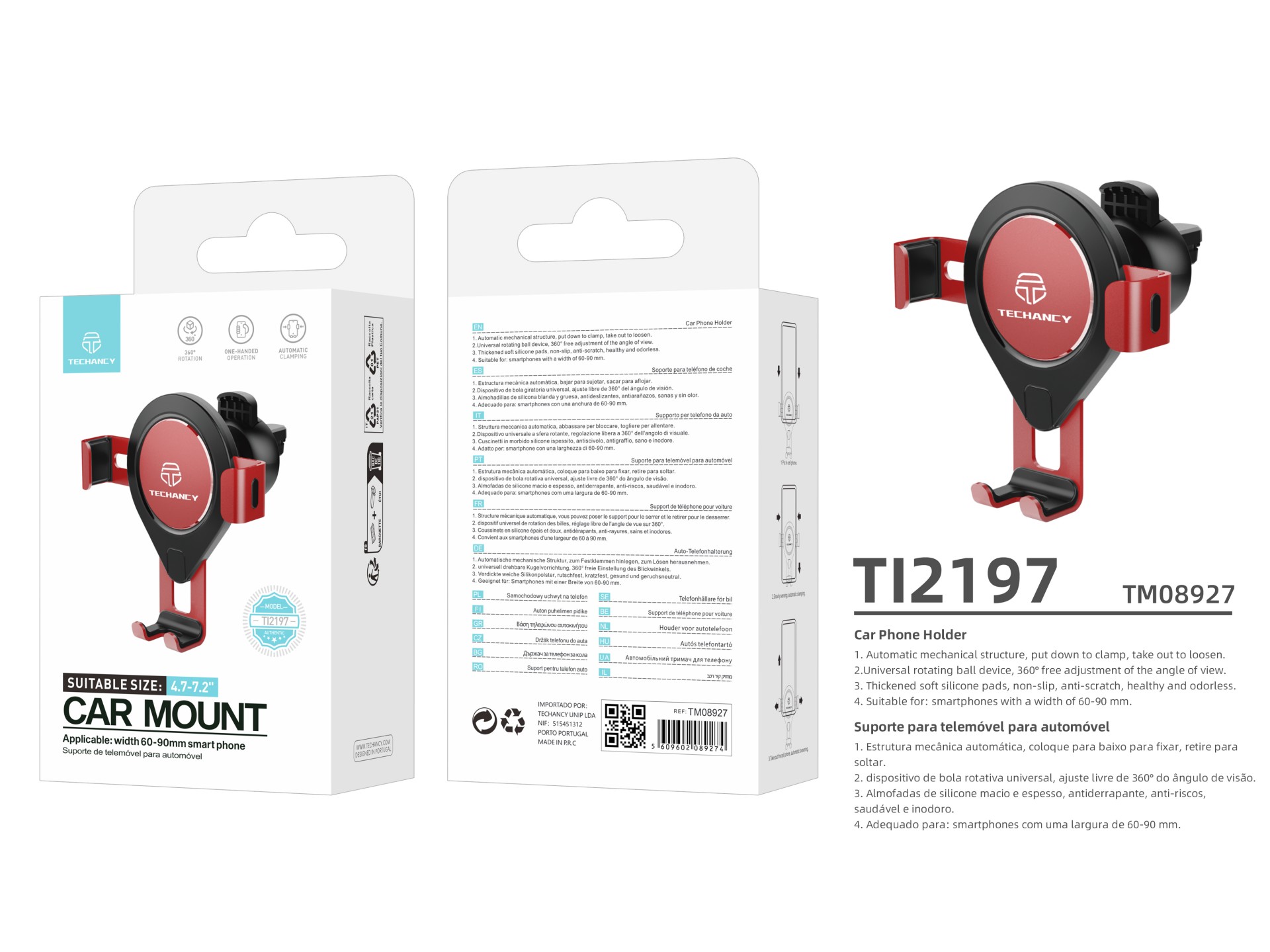 Techancy TI2197 Car Mobile Phone Holder Red, Automatic Attachment, 360 Degree Rotation, Compatible w Techancy TI2197 Car Mobile Phone Holder Red, Automatic Attachment, 360 Degree Rotation, Compatible w