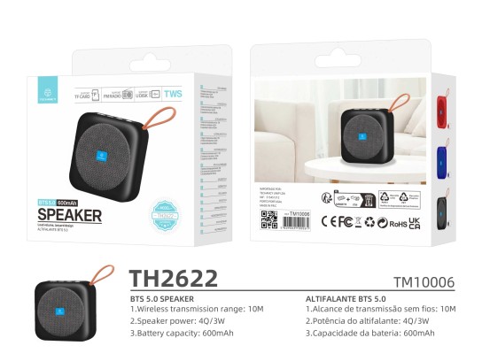 Techancy TH2622 Bluetooth Speaker Black, Portable and Compact, 600mAh Battery, TF/FM/USB/TWS Card Ho