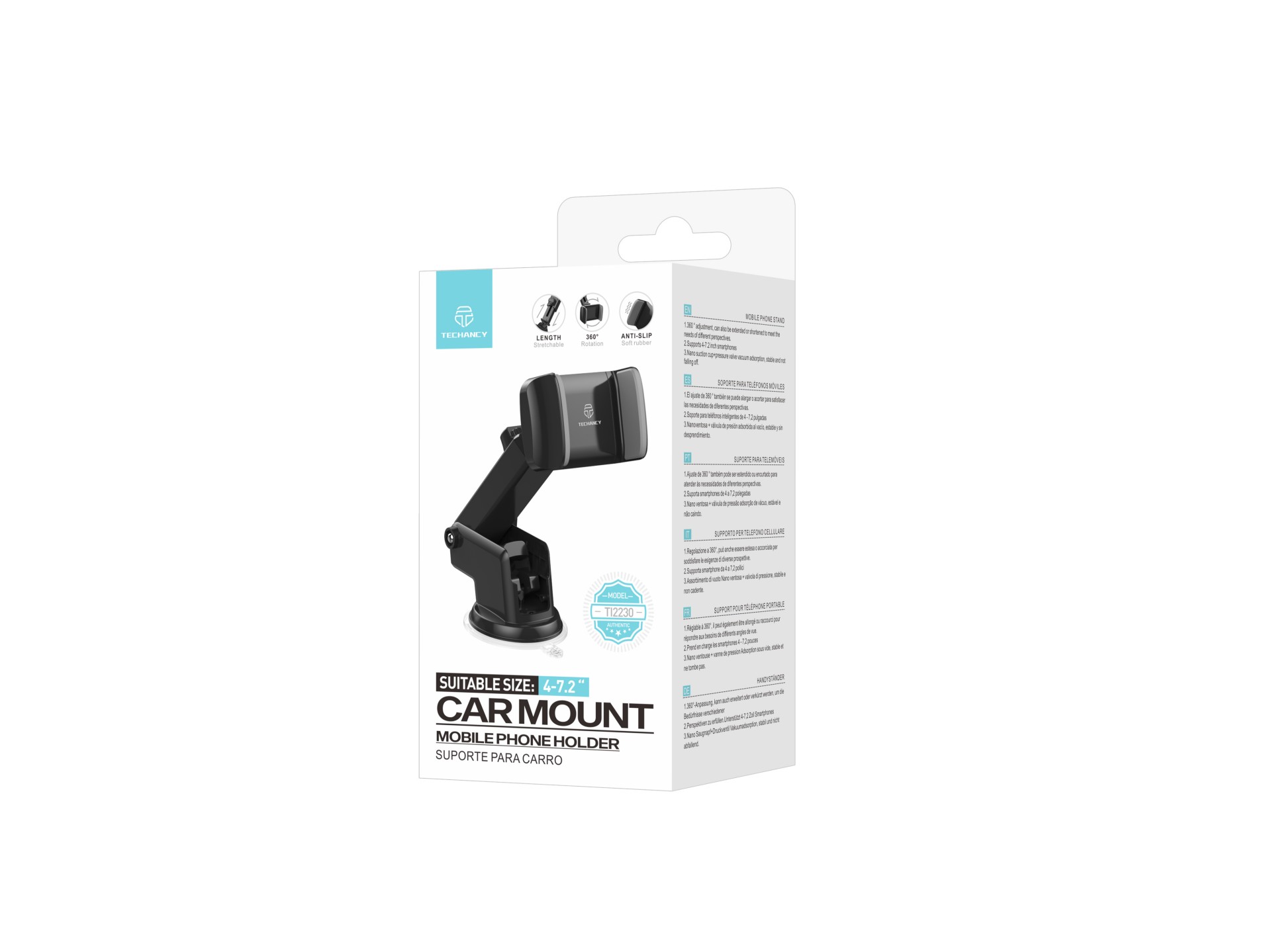 Techancy TI2230 Suporte de Telemovel para Carro, Rota��o 360�, BraCo Extens�vel, Ventosa Antidesliza